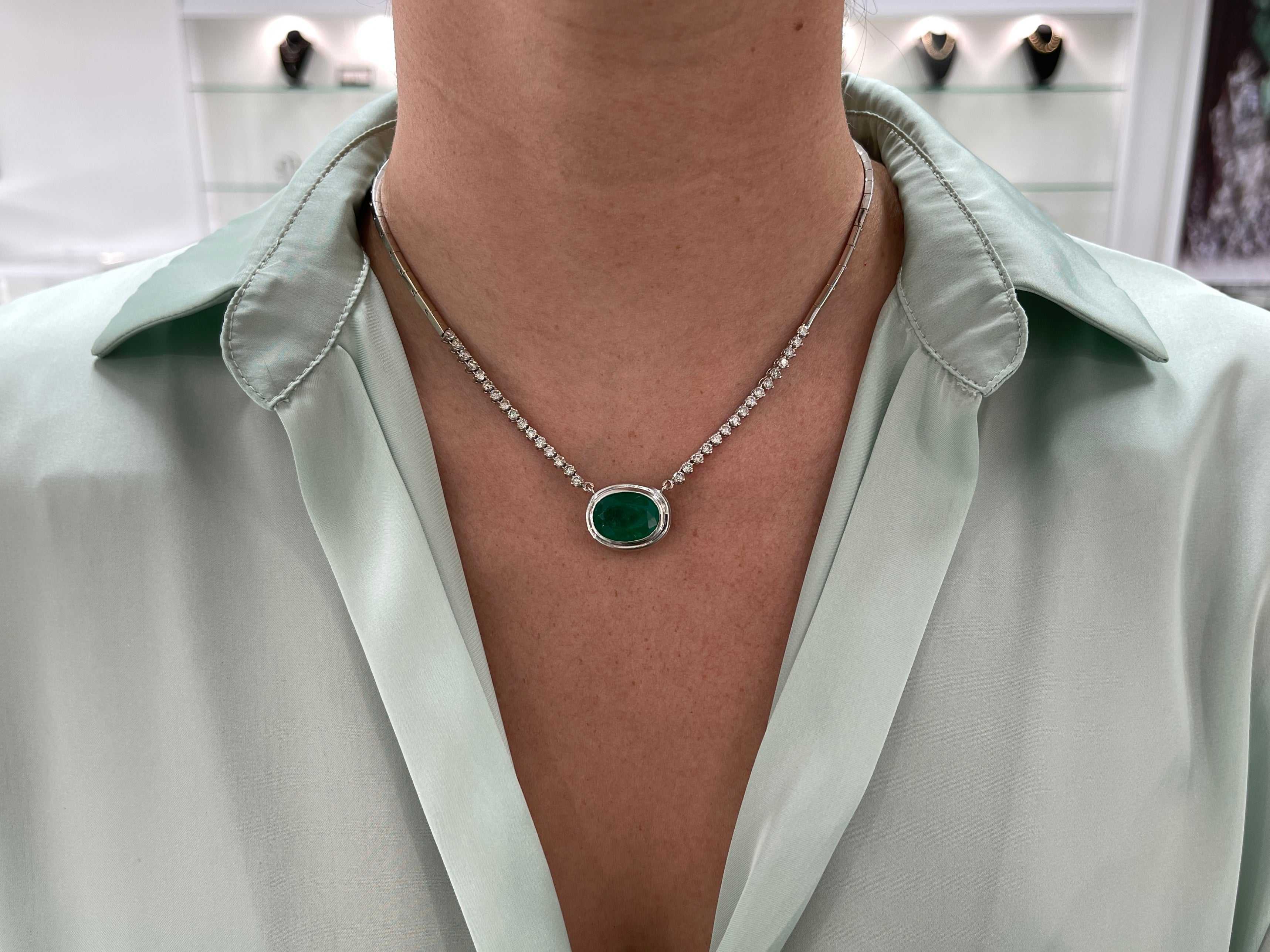 10.83tcw Oval Emerald & Diamond Statement Necklace in 14k Gold - Elegant Hepburn Style Jewelry for Weddings, Parties & Special Occasions