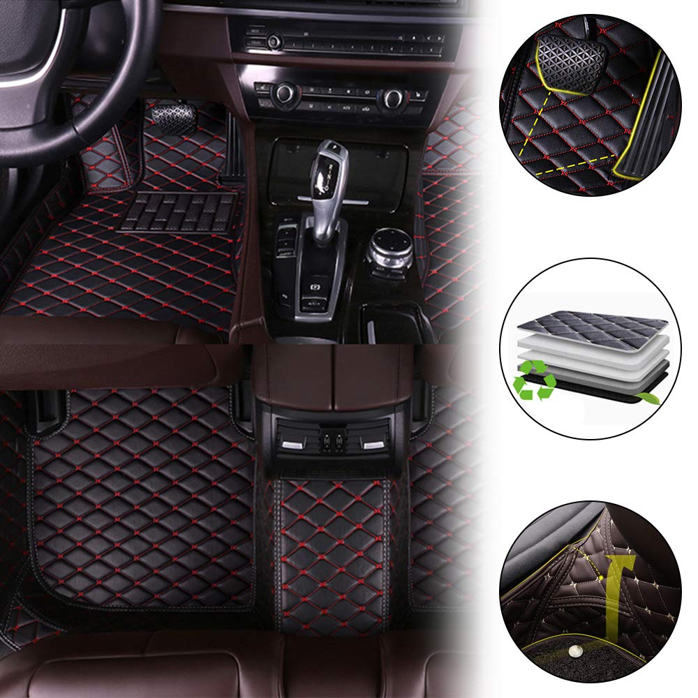 Premium 3D All-Weather Floor Mats for Audi A4 (2010-2014) - Leather Carpet Set with Red Stitching - Full Protection Car Accessories - Perfect for Daily Commute, Road Trips & Winter Protection