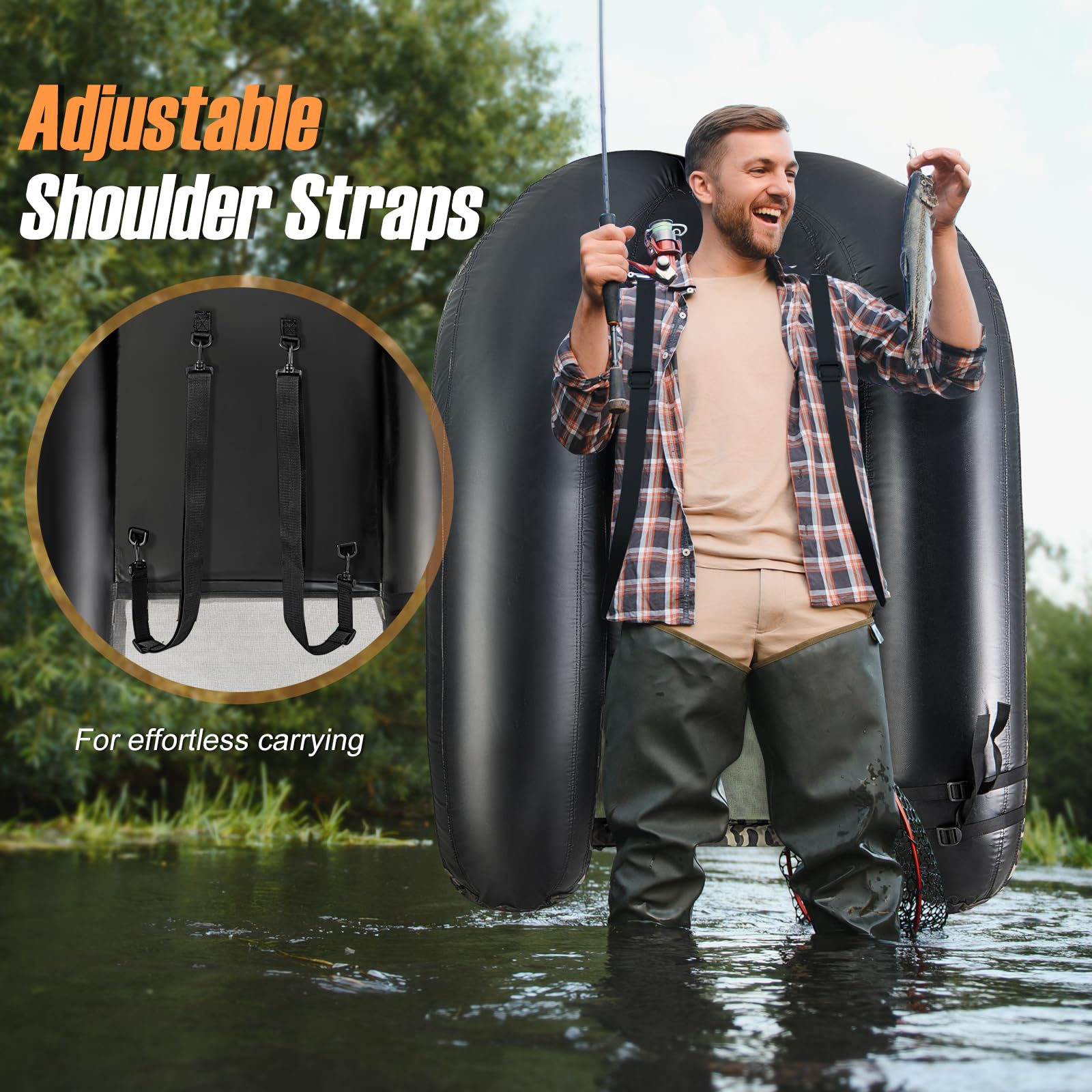 GYMAX 350lbs Inflatable Fishing Float Tube with Fish Ruler, Rod Holder, Pump & Accessories - Portable Belly Boat for Anglers with Adjustable Straps & Storage Backpack - Perfect for Lake, River and Fly Fishing Adventures