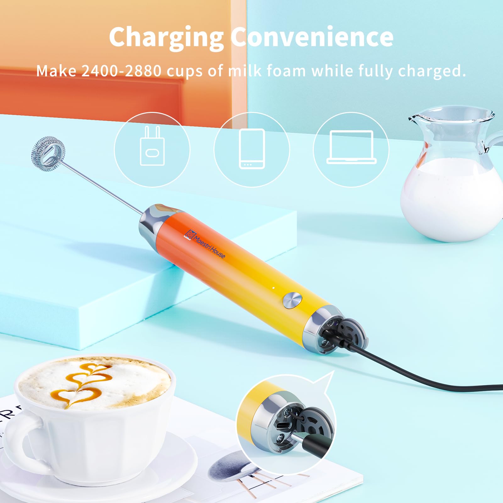 Maestri House Rechargeable Milk Frother with Stand - Handheld Electric Foam Maker, Waterproof & Detachable Stainless Steel Whisk for Lattes, Cappuccino, Hot Chocolate | Perfect for Coffee Shops, Home Kitchen & Office Use