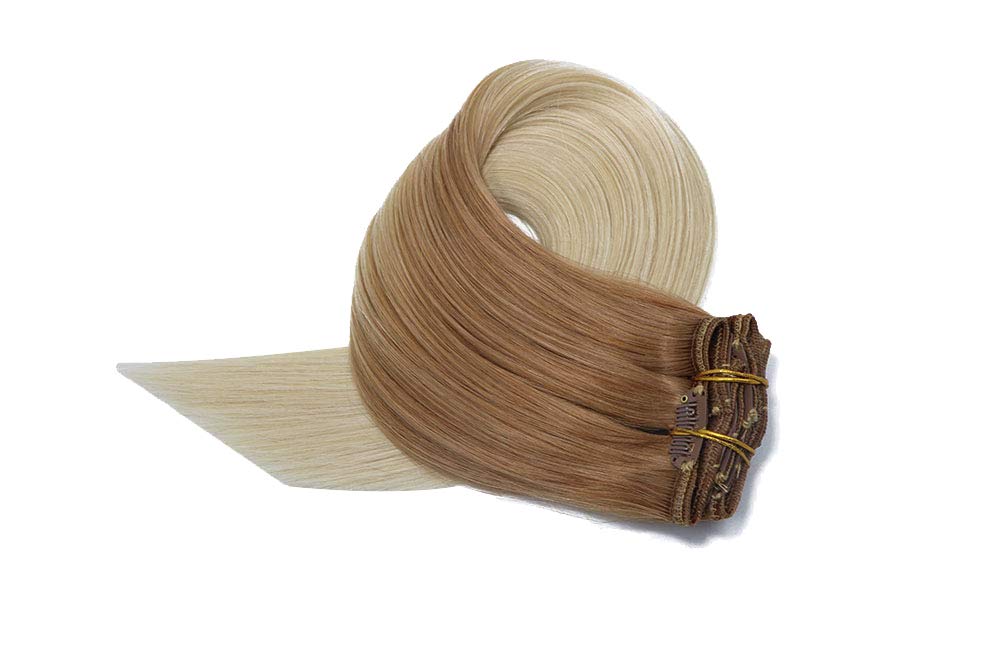 Golden Brown & Blonde Highlighted 100% Remy Human Hair Clip-in Extensions - 16 Inch Double Weft 120g 7pc Set (Color #12/60) | Silky Straight 9A Quality for Volume & Length | Perfect for Parties, Weddings & Daily Styling