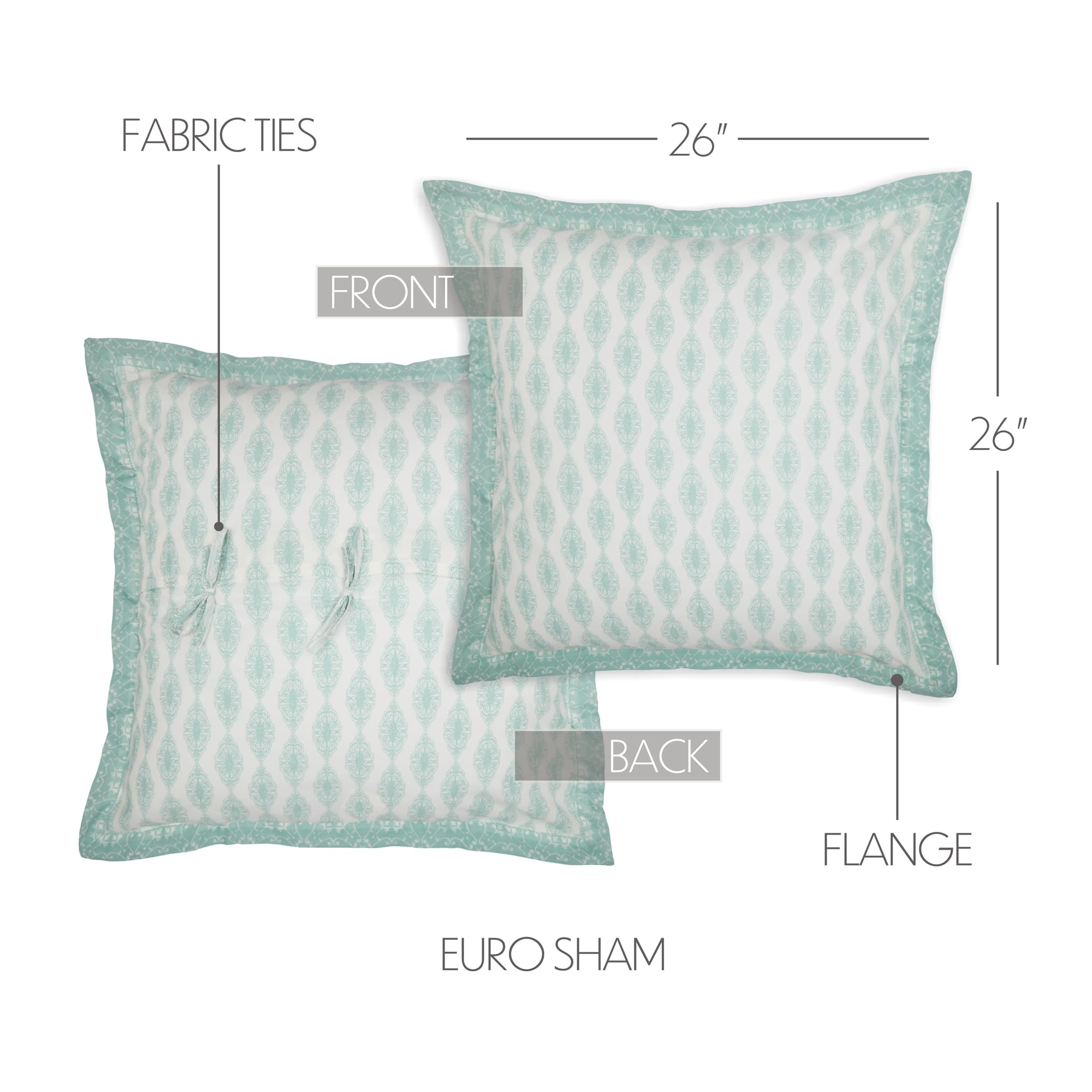 VHC Brands Avani Sea Glass Green Boho Farmhouse Euro Sham Pillow Cover 26x27 - Coastal Chic Decor for Bedroom, Living Room & Guest House