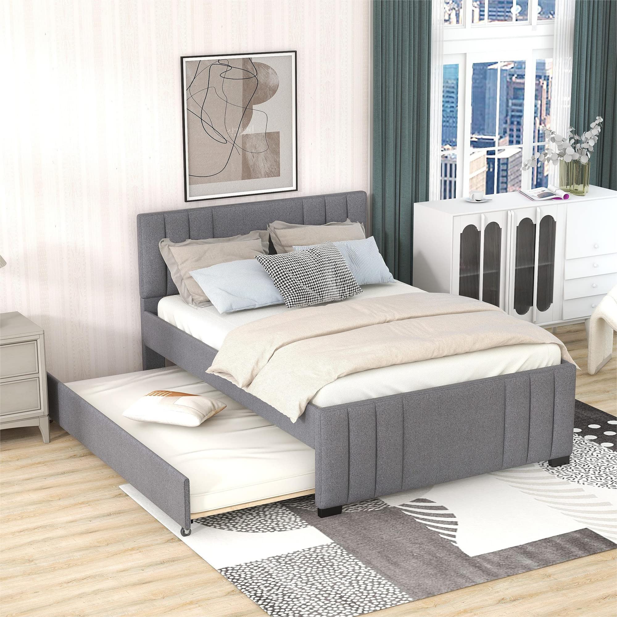 Merax Full Upholstered Platform Bed Frame with Storage Trundle & Headboard - No Box Spring Required, Grey - Perfect for Small Bedrooms, Guest Rooms & Space-Saving Solutions