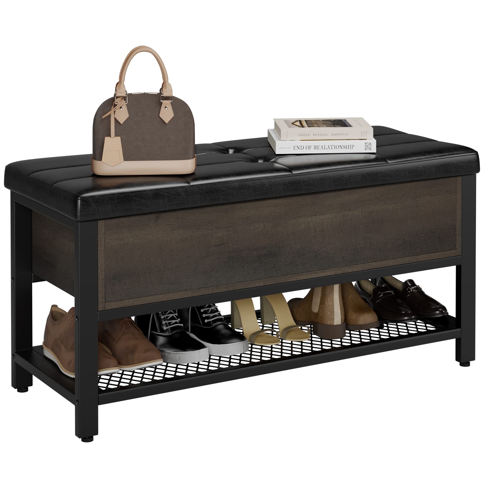HOSTACK Storage Bench with Flip-Open Lid - Dark Brown Entryway Shoe Bench, Bedroom Ottoman with Storage Shelf & Padded Seat - Perfect for Hallway, Living Room & End of Bed Organization