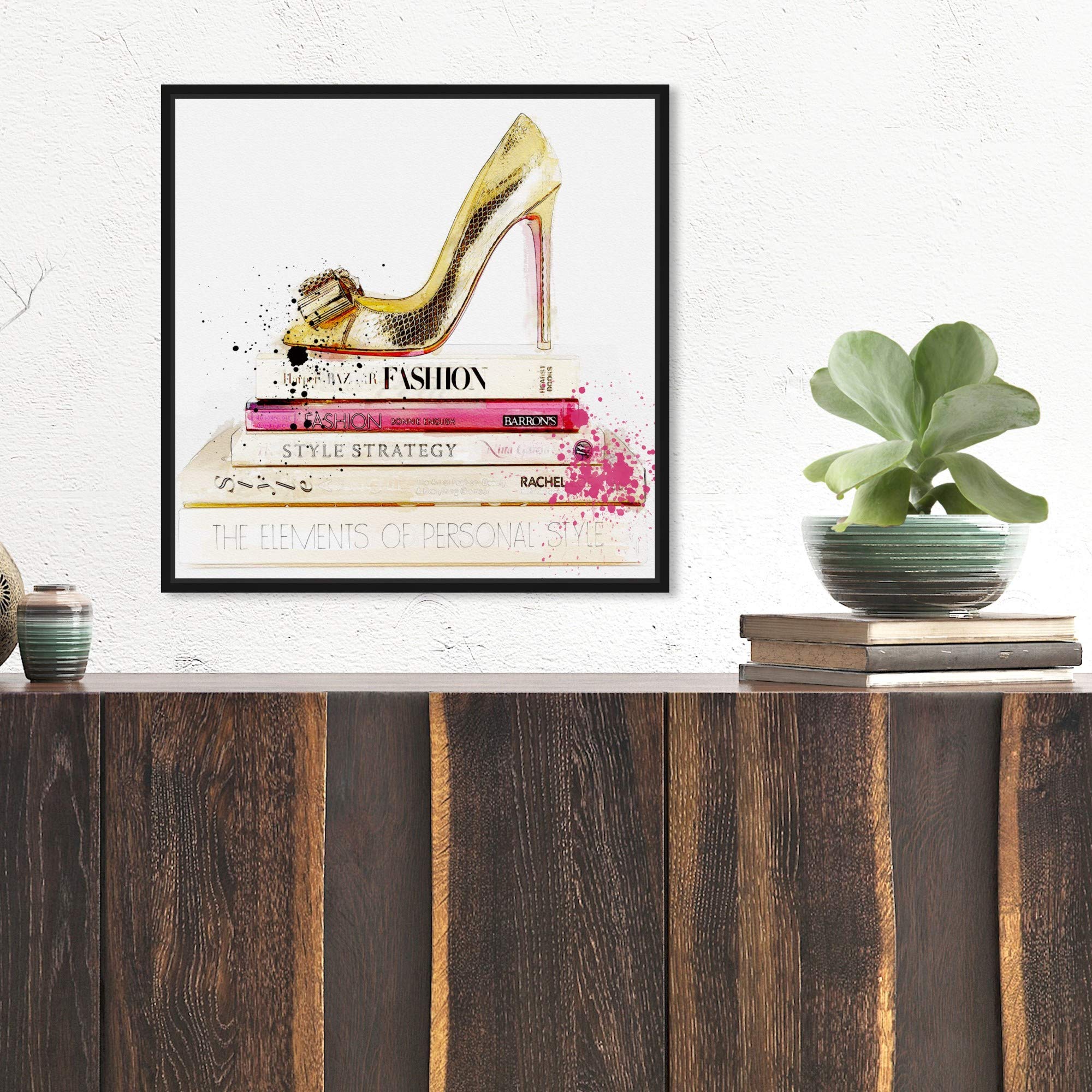 Oliver Gal Framed Abstract Shoe & Fashion Book Art Print - 16x16 Inches Gold Wall Decor for Living Room, Bedroom, or Office