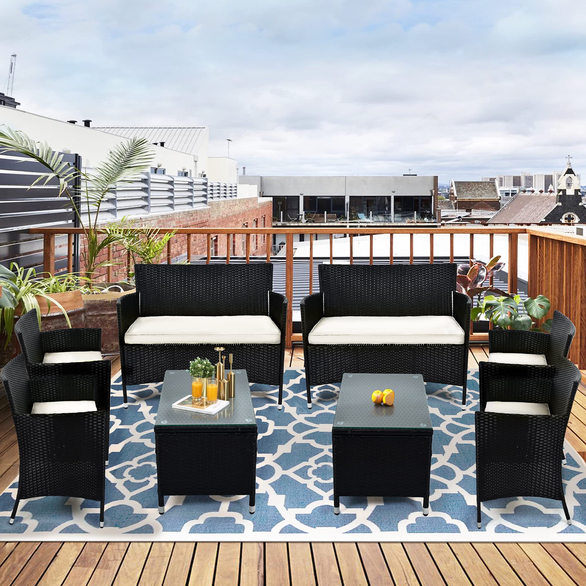 8-Piece Rattan Patio Furniture Set - Outdoor Garden Wicker Sofa Set with 4 Armchairs, 2 Loveseats, 2 Coffee Tables & Cushions (Beige) - Perfect for Backyard, Poolside & Terrace Relaxation