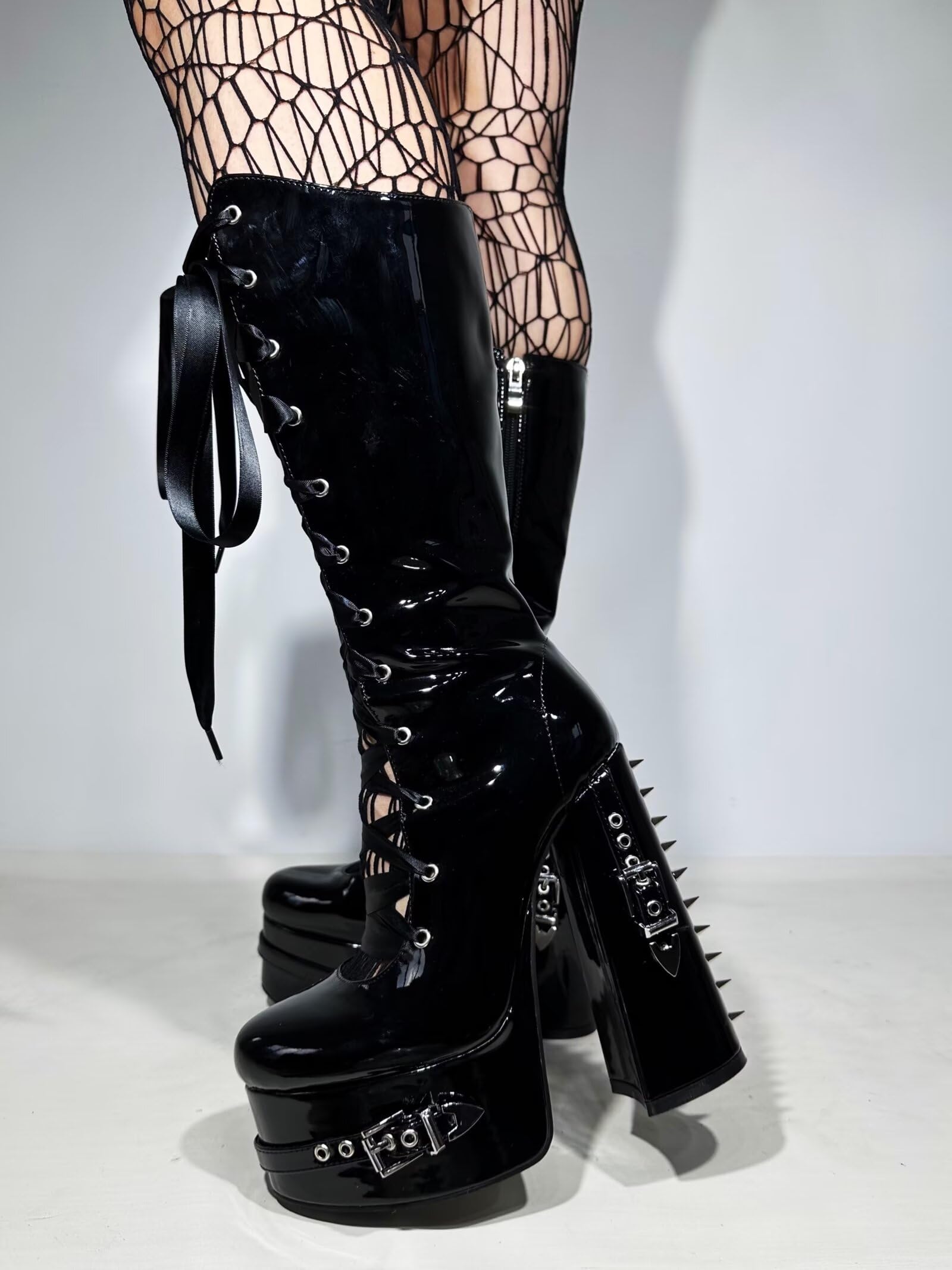 Gothic Chunky Platform Knee High Boots for Women & Men - Black Patent Leather with Silver Rivets & Satin Ribbon Lace-Up | Dark Punk Y2K Style, Wide Calf Design | Perfect for Halloween, Cosplay, Goth Fashion & Nightclub Outfits