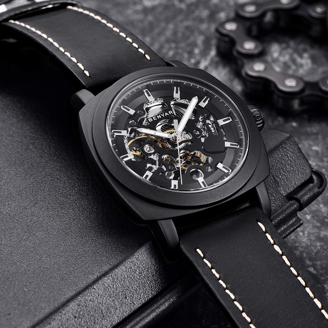 BENYAR Automatic Skeleton Mechanical Watch for Men - Black Leather Strap, Waterproof, Business & Casual Style | Perfect for Office, Formal Events & Everyday Wear