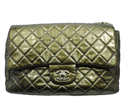 Authentic 2008 Chanel Classic Jumbo Quilted Patent Leather Handbag in Rare Olive Green - Luxury Designer Purse for Women, Perfect for Evening Events & Special Occasions