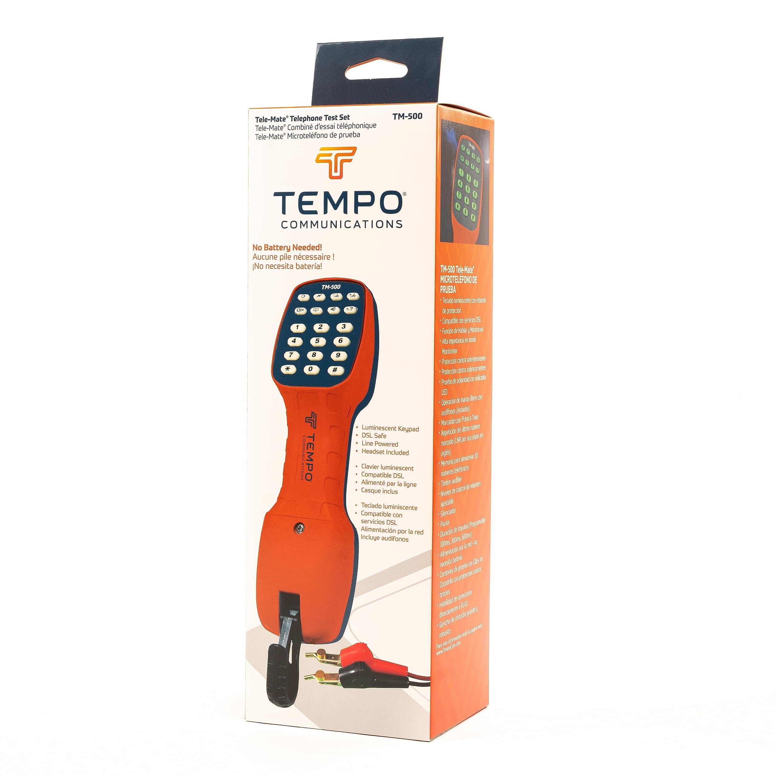 TEMPO Communications TM-500 Telephone Test Set - DSL-Compatible Lineman's Butt Set with Headset, Tone & Pulse Dialing, ABN Bed of Nails & Alligator Clips - Ideal for Telecom Technicians, Network Installers & DSL Line Testing