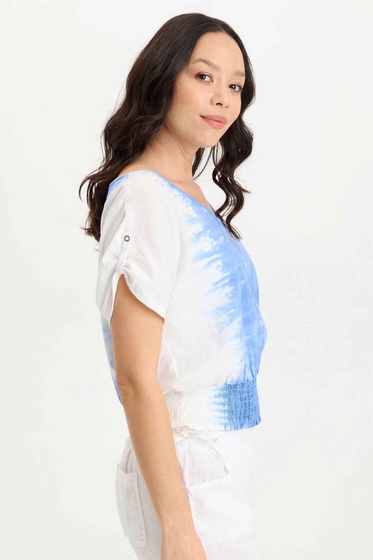 Oko Linen & Jersey Cinched Hem T-Shirt for Women - Casual Summer Blouse with Flattering Fit - Perfect for Beach, Office & Date Nights