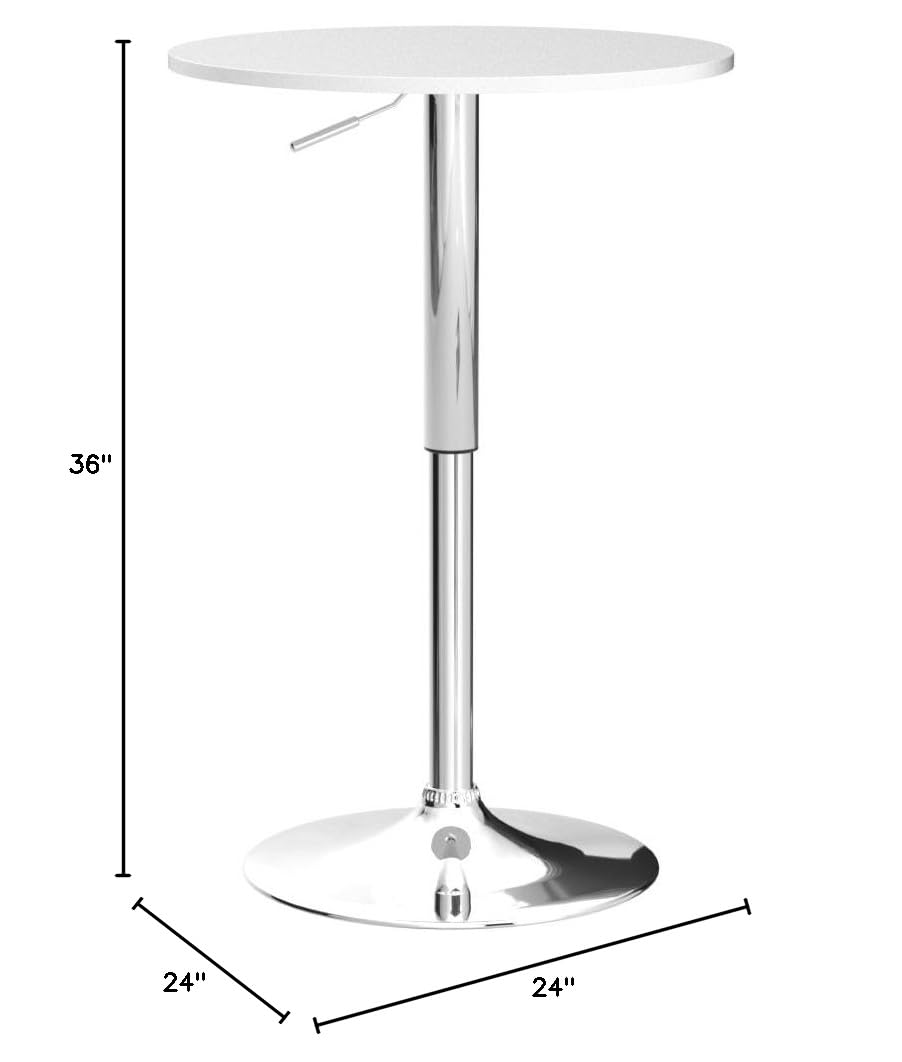 Roundhill Furniture Adjustable Height Bar Table - 36 Inch White Wood & Chrome Metal Counter Height Table for Kitchen, Dining Room, or Home Bar