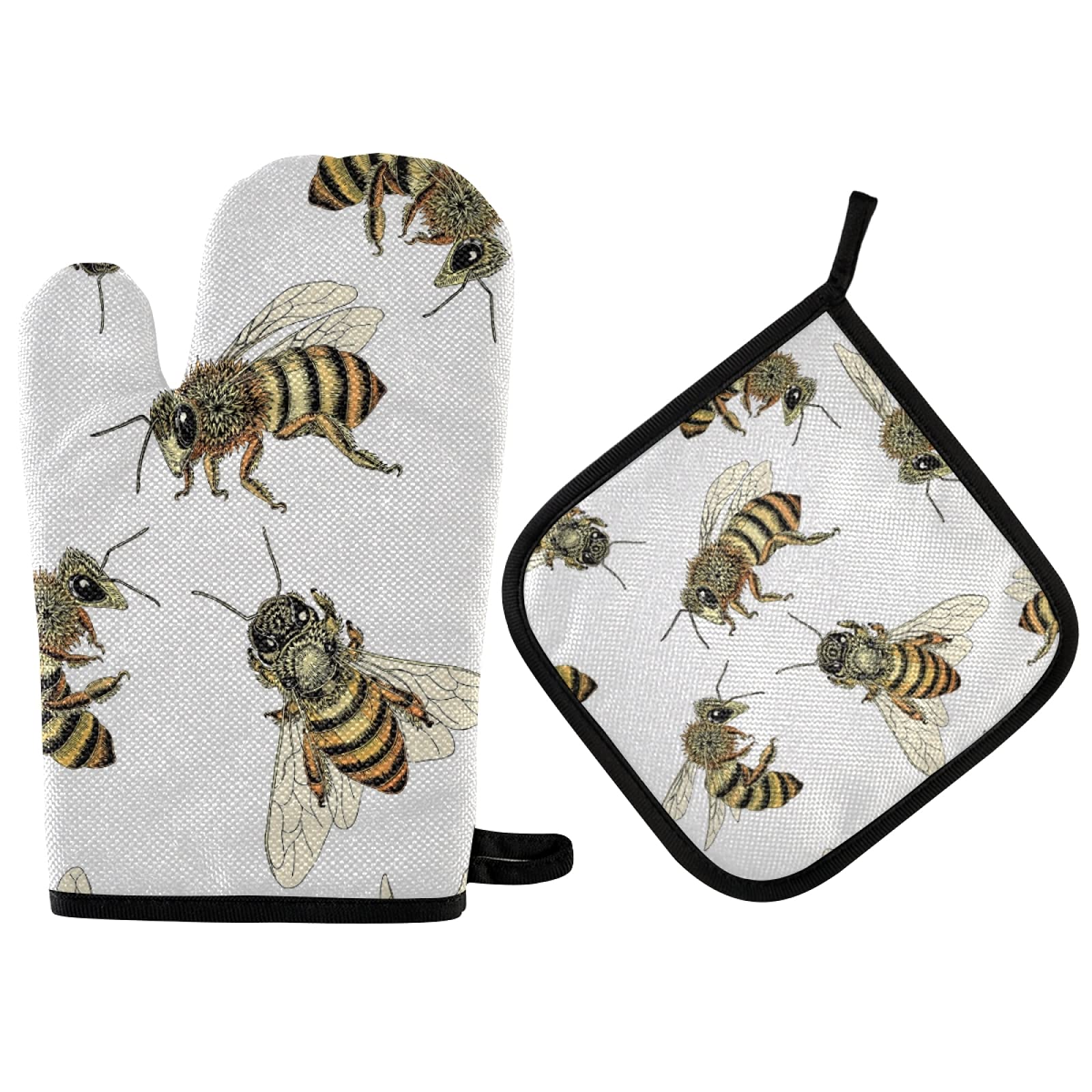 Poeticcity Humble Bees Honey Seamless White Oven Mitts & Pot Holders Set - Heat Resistant Kitchen Gloves for Cooking, Baking, Grilling & Microwave Use - Perfect for Home Chefs & BBQ Enthusiasts