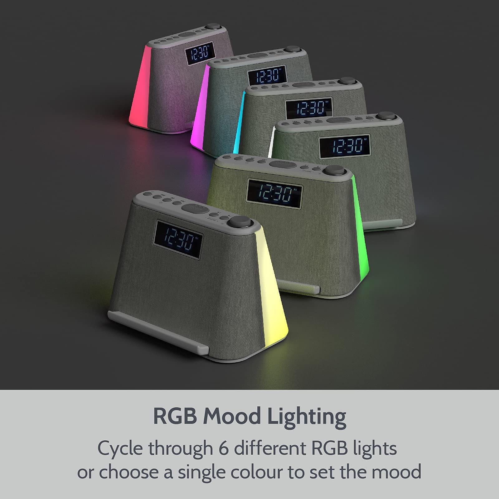 i-Box Digital Alarm Clock Radio with USB & Wireless Qi Charging, Bluetooth Speaker, FM Radio, RGB Mood Light, Dimmable Display & White Noise - Bedside Alarm Clock for Home, Office, Dorm & Travel