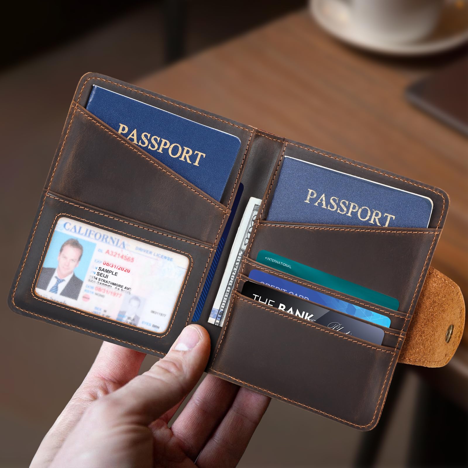Premium Full Grain Leather Slim RFID Blocking Bifold Wallet for Men - Travel Passport Holder with Snap Closure (Dark Brown) | Ideal for Business, Travel & Everyday Use