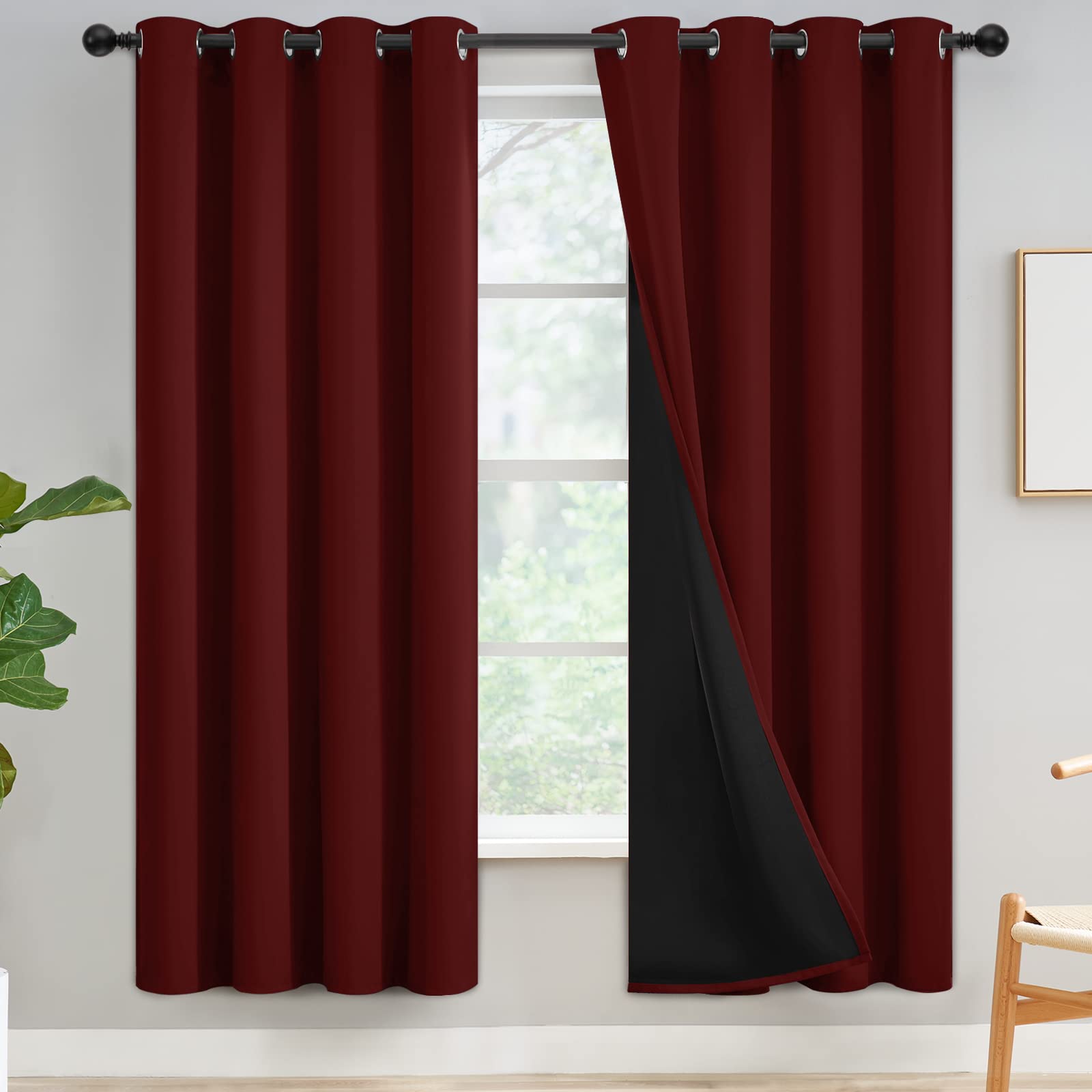 Yakamok 100% Blackout Curtains for Bedroom & Living Room - Thermal Insulated Grommet Top Window Drapes with Black Backing (52x72 inches, Burgundy Red) - Perfect for Light Blocking, Privacy & Energy Efficiency