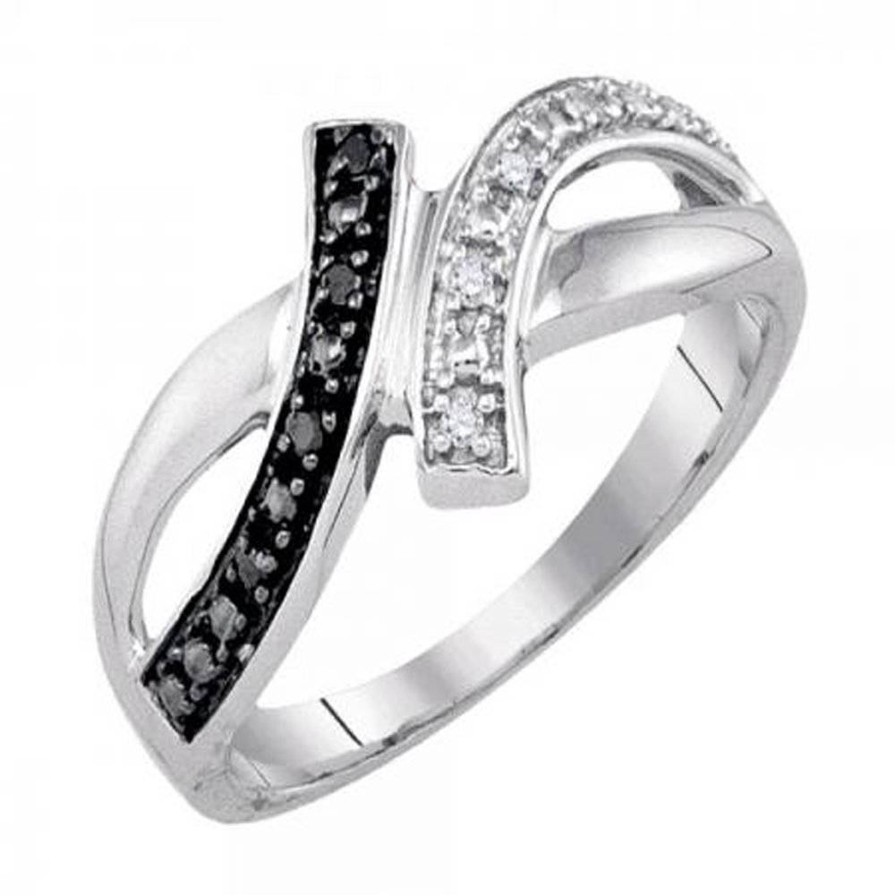 Dazzlingrock 0.05 Carat Round Black & White Diamond Bypass Engagement Ring for Women - Sterling Silver Wedding Band, Promise Ring, Anniversary Gift for Her