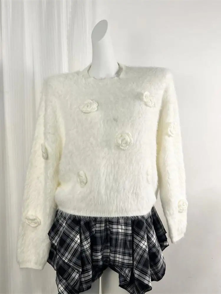 Women's White Mink Flower Embroidered Knit Sweater - Retro Round Neck Long Sleeve Pullover for Autumn Winter | Cozy Vacation Outfit, Casual Wear & Holiday Fashion