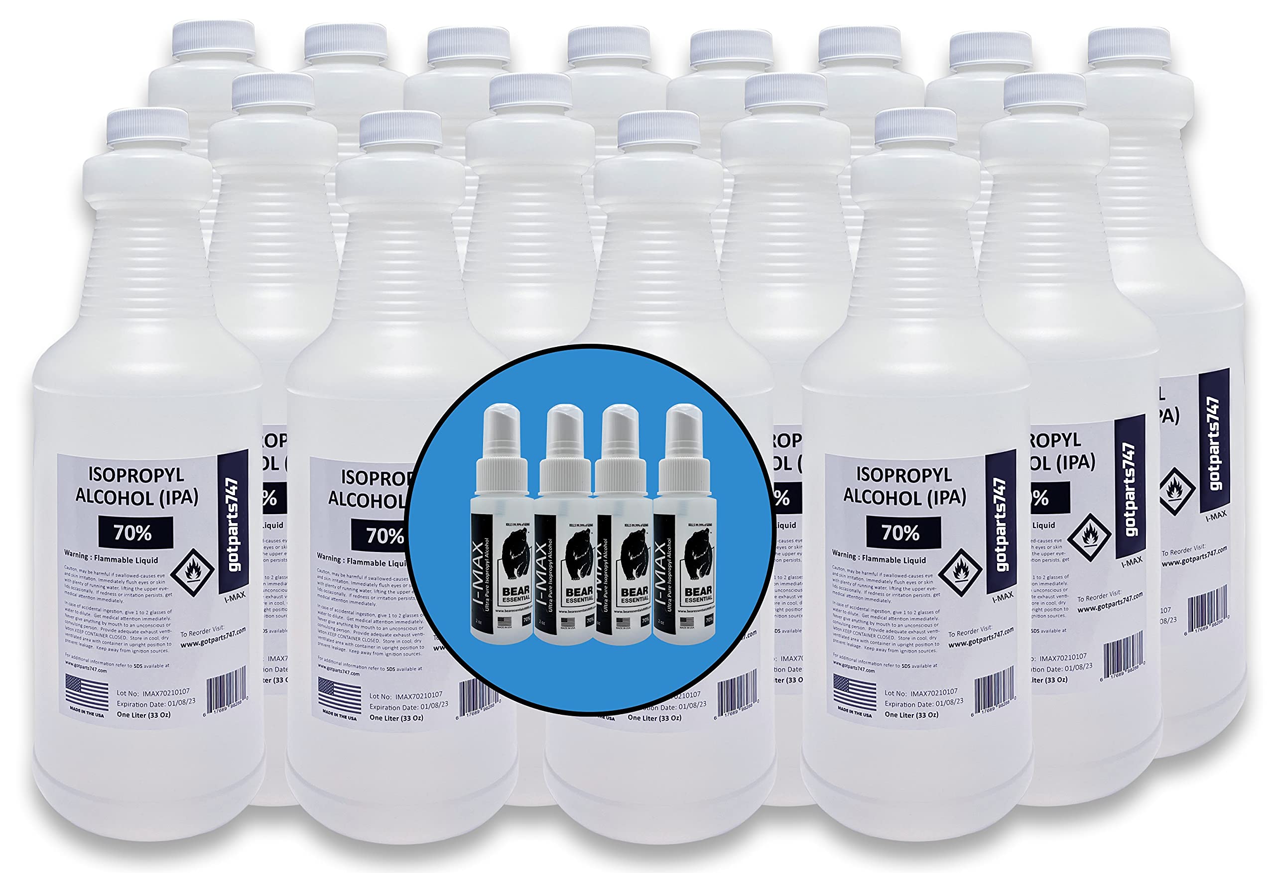 **70% Isopropyl Alcohol USP Grade - 16 x 1000ml Bottles (4+ Gallons) - Includes 4 Mini Spray Bottles (2oz Each) - Made in USA - Ideal for Cleaning, Disinfecting & First Aid**