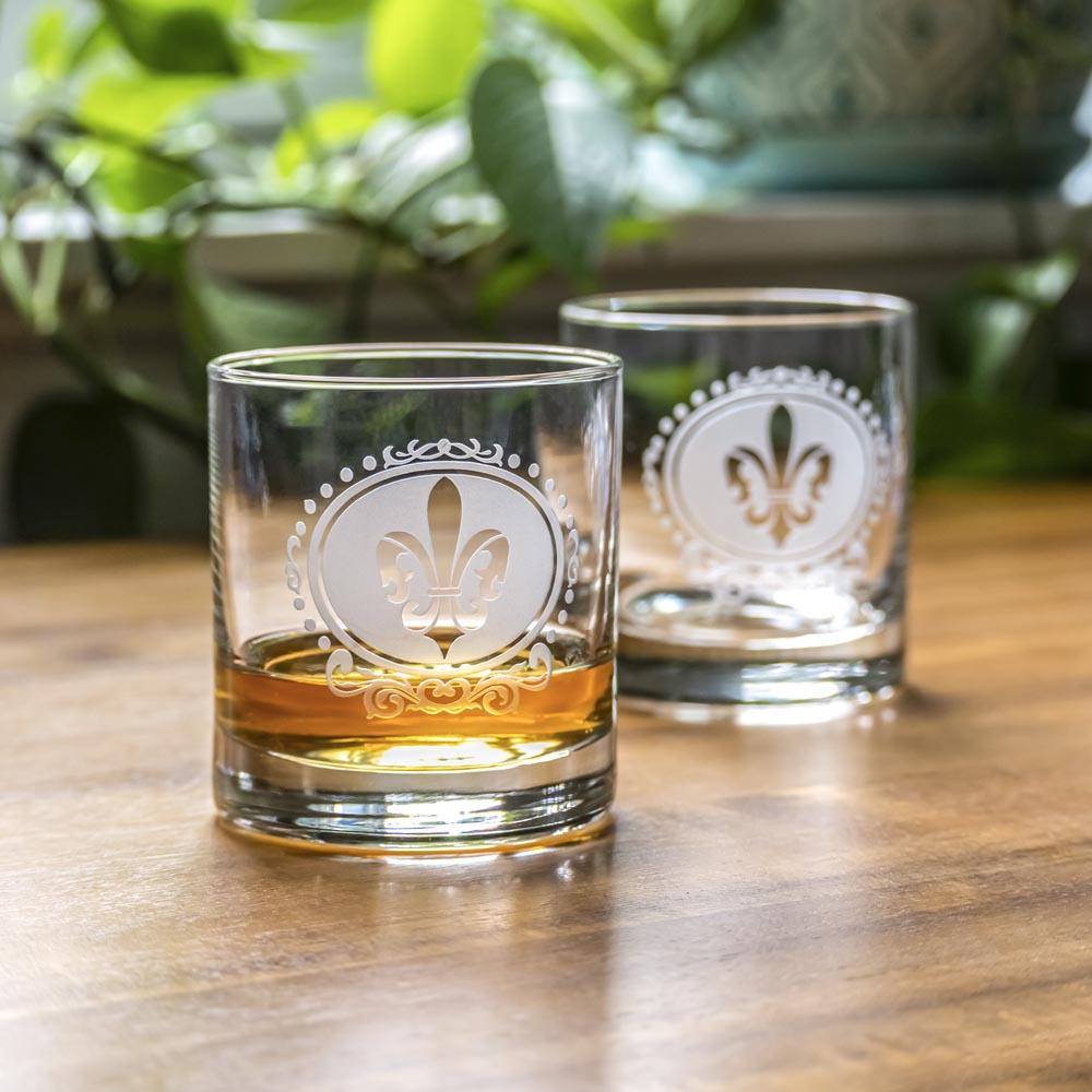 Premium Royal Fleur De Lis 11oz Whiskey Glasses Set of 4 - Elegant Crystal Clear Old Fashioned Drinking Glasses for Bourbon, Scotch & Cocktails - Perfect for Home Bar, Gifts & Entertaining