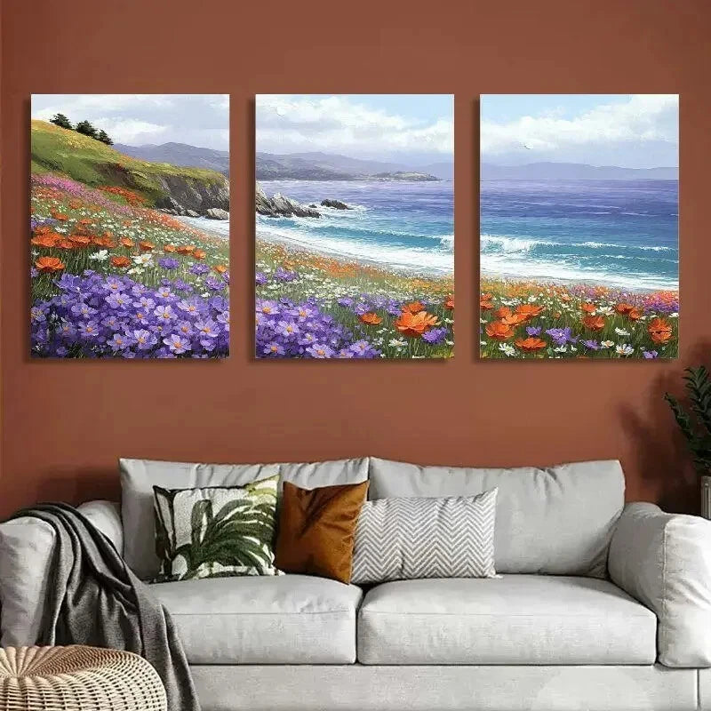 3-Piece Vibrant Daisy & Ocean Landscape Wall Art Set - Framed Canvas 40x60cm - High Quality Print - 100% Australian Made - Ready to Hang - Perfect for Living Room, Bedroom & Office Decor