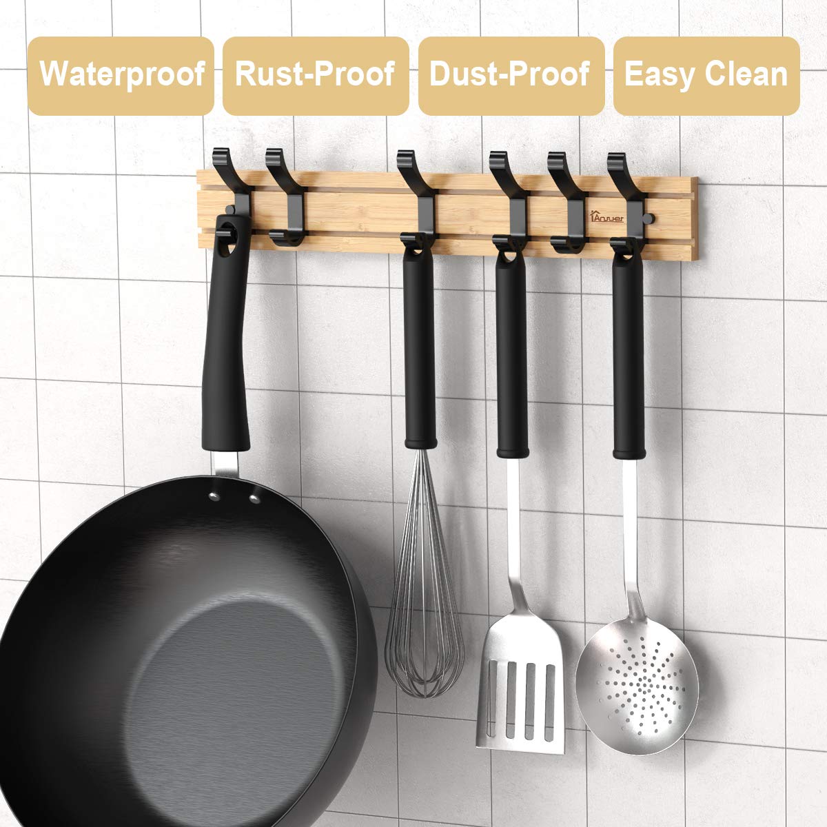 Heavy Duty Bamboo Coat Hanger with 6 Hooks - Durable Clothes & Hat Organizer for Closet, Bedroom, Laundry Room, and Entryway Storage