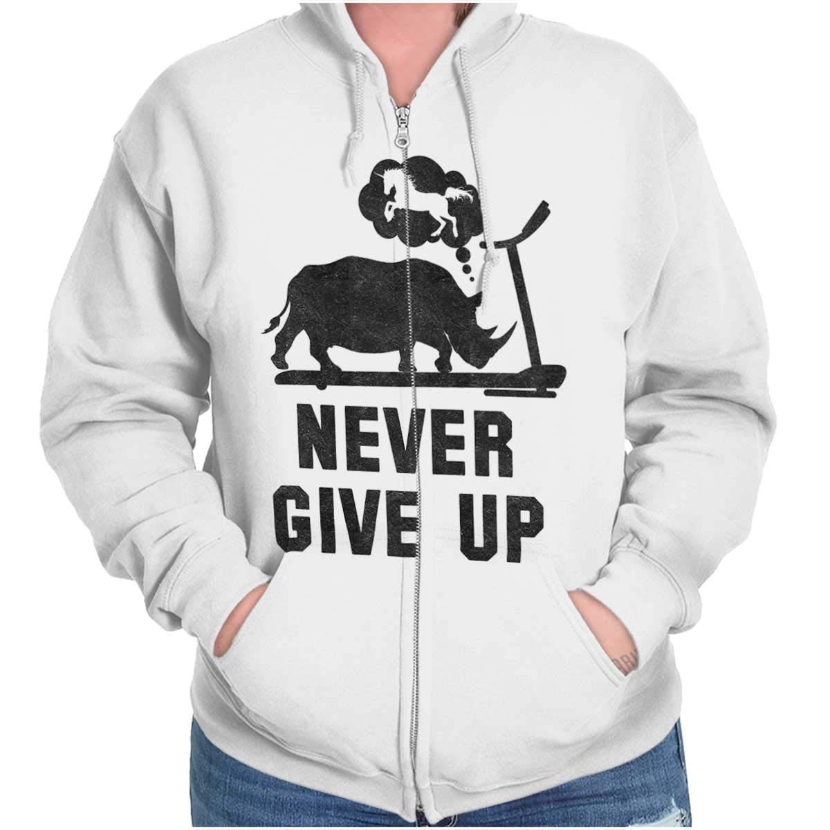 Never Give Up Rhino to Unicorn Gym Zip Hoodie Sweatshirt for Women - Motivational Workout Hoodie for Gym, Running & Casual Wear