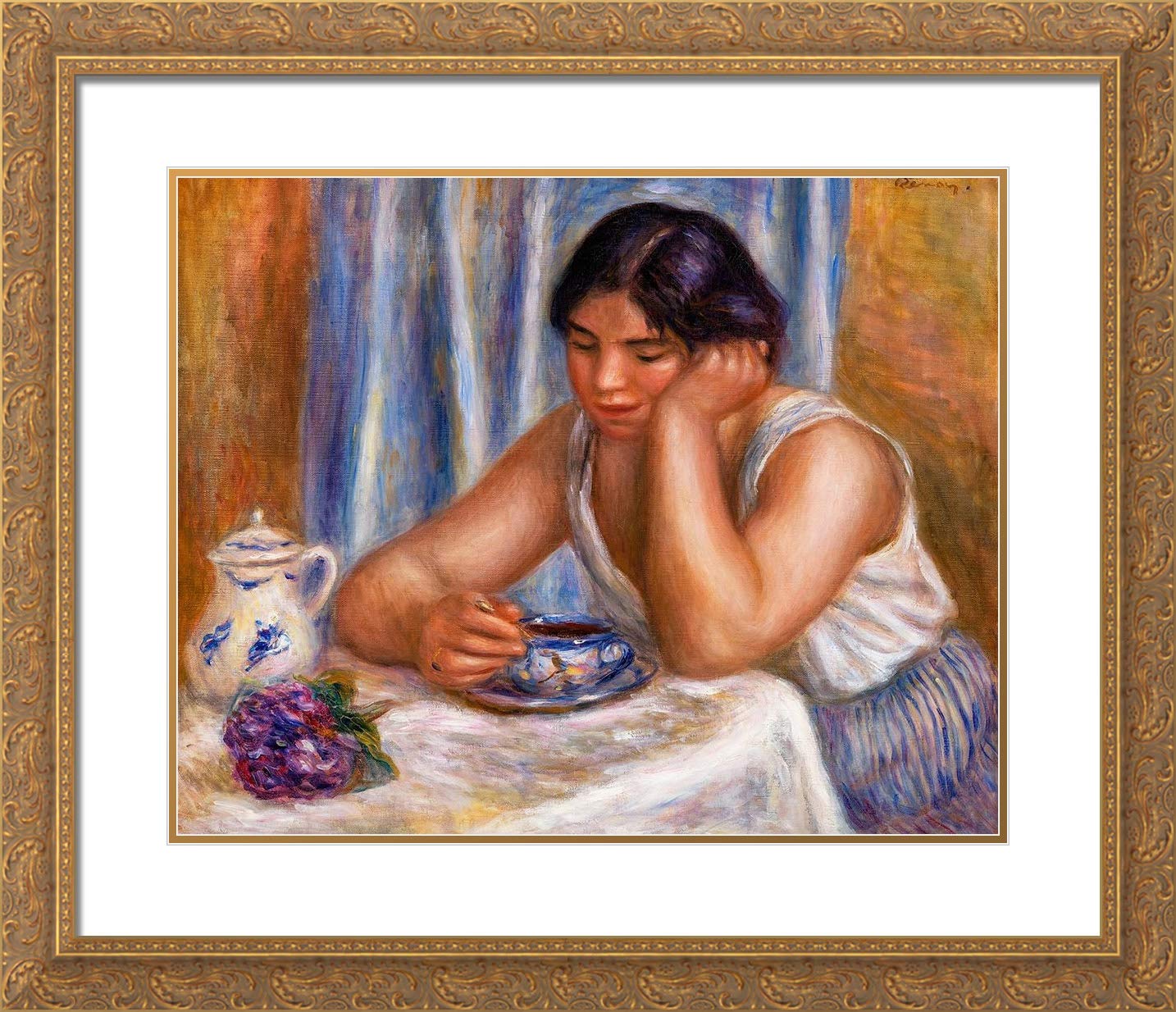 Pierre-Auguste Renoir 'Cup of Chocolate' 1912 Museum Art Print - 17x15 Inch Gold Ornate Framed with Double Matting | Classic Home Decor, Office Wall Art, Gift for Art Lovers