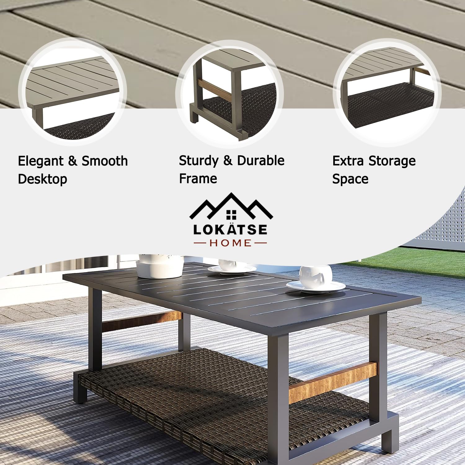 LOKATSE HOME 3-Piece Patio Outdoor Furniture Set - All-Weather Wicker Loveseat & Sofa Chair with Removable Cushions & Coffee Table - Brown - Perfect for Garden, Backyard, Poolside & Balcony Relaxation