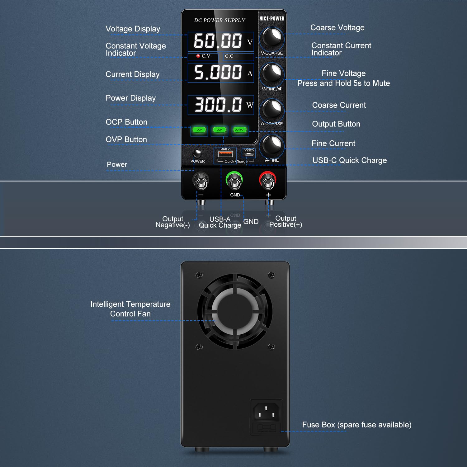 Adjustable 60V 5A DC Bench Power Supply with Digital Display - Variable Regulated Lab Power Source with Encoder, OVP/OCP Protection & USB Quick Charge for Electronics Testing, DIY Projects, and School Labs