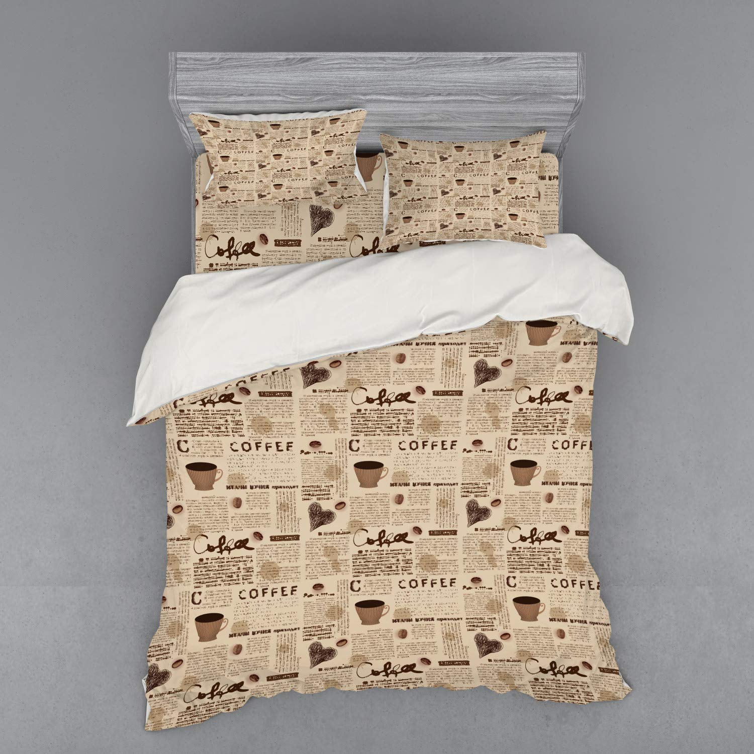 Ambesonne Vintage Newspaper Print Bedding Set - 4 Piece Duvet Cover with Shams & Fitted Sheet, Queen Size in Sand Brown & Umber - Coffee Cup Writing Art Design for Cozy Bedroom Decor