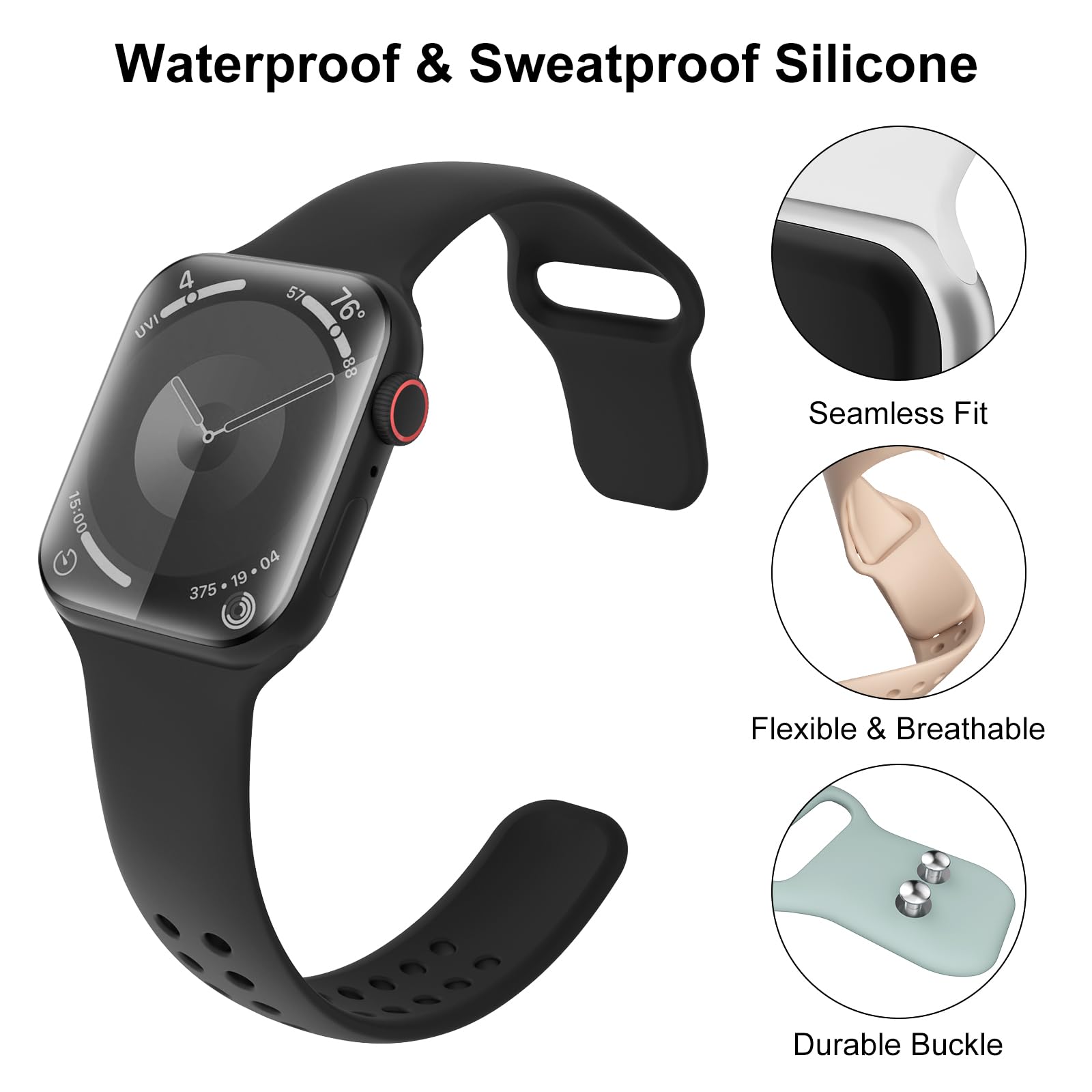 Premium Silicone Apple Watch Band Compatible with Series 9/8/7/SE/6/5/4/3/2/1/Ultra - Soft Waterproof Sport Strap for 38mm 40mm 41mm 42mm 44mm 45mm 49mm - Perfect for Gym, Running, Swimming & Everyday Wear (Men & Women)