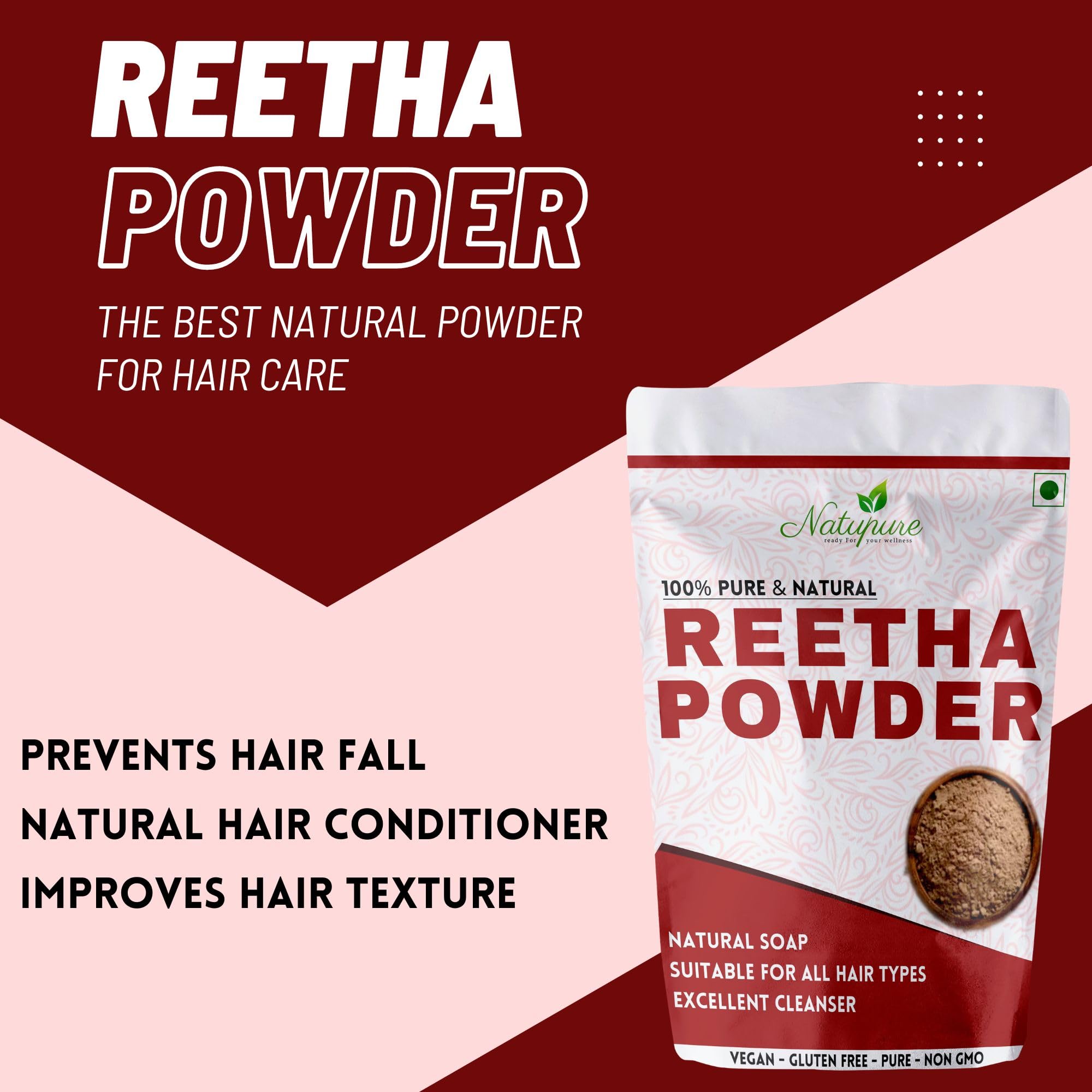 Natupure Reetha Powder for Hair Growth & Scalp Care | 100% Natural Shampoo Alternative, Chemical-Free, Vegan (500g) - Perfect for DIY Hair Masks & Ayurvedic Treatments