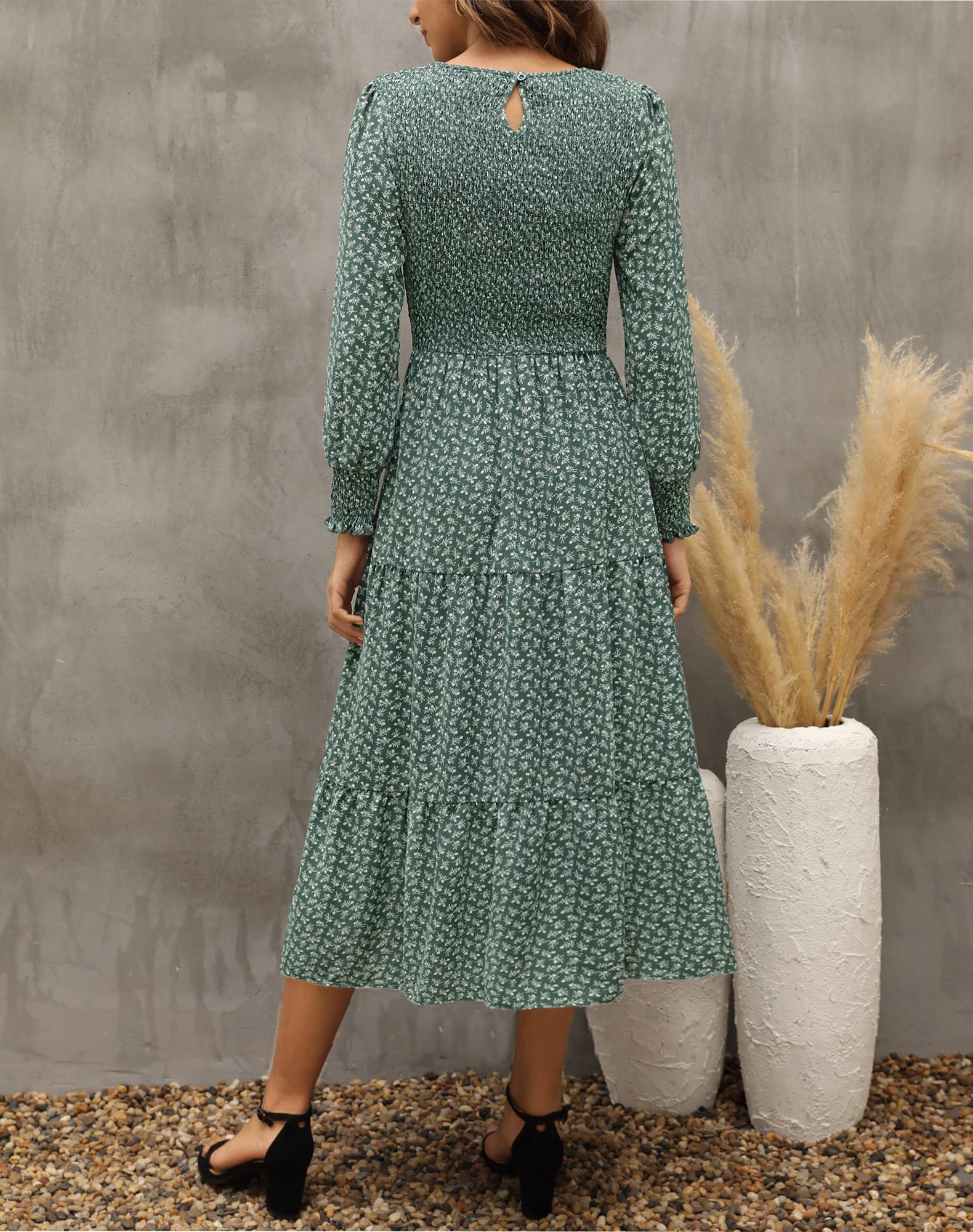 Zattcas Women's Fall Dresses 2025 - Casual Long Sleeve Boho Floral Midi Dress with Smocked Waist & Pockets | Perfect for Wedding Guest, Date Night & Autumn Outfits