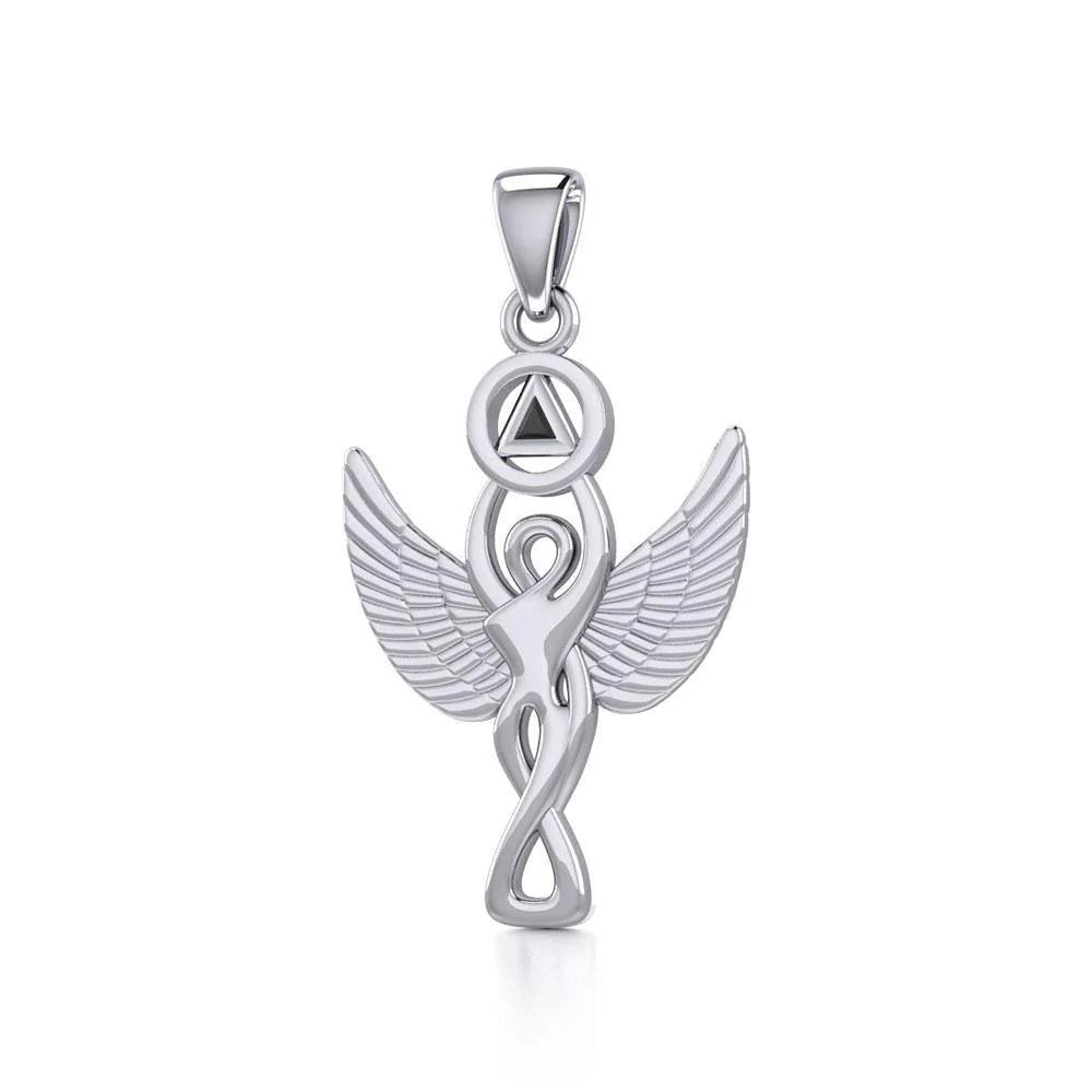 Silver Winged Goddess Pendant Necklace with Black Onyx AA Symbol - Elegant Spiritual Jewelry for Meditation, Yoga & Energy Healing