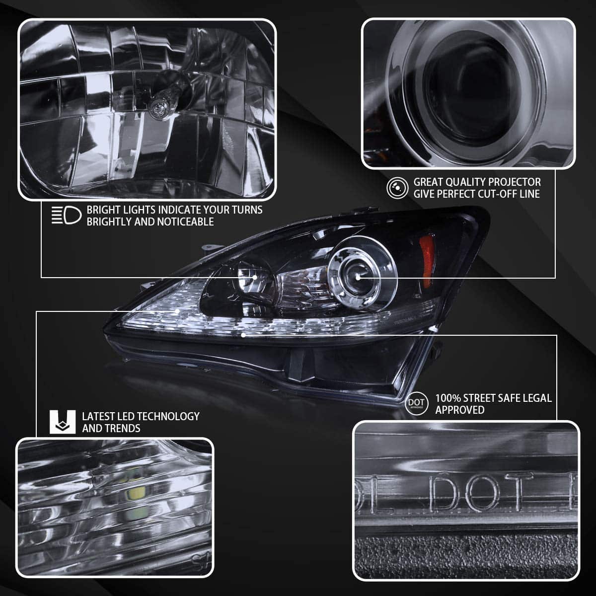 2006-2009 Lexus IS250 IS350 Projector Headlight Housing Kit - Glossy Black SMD LED Replacement for Improved Night Visibility - Perfect for Car Upgrades & Night Driving Safety