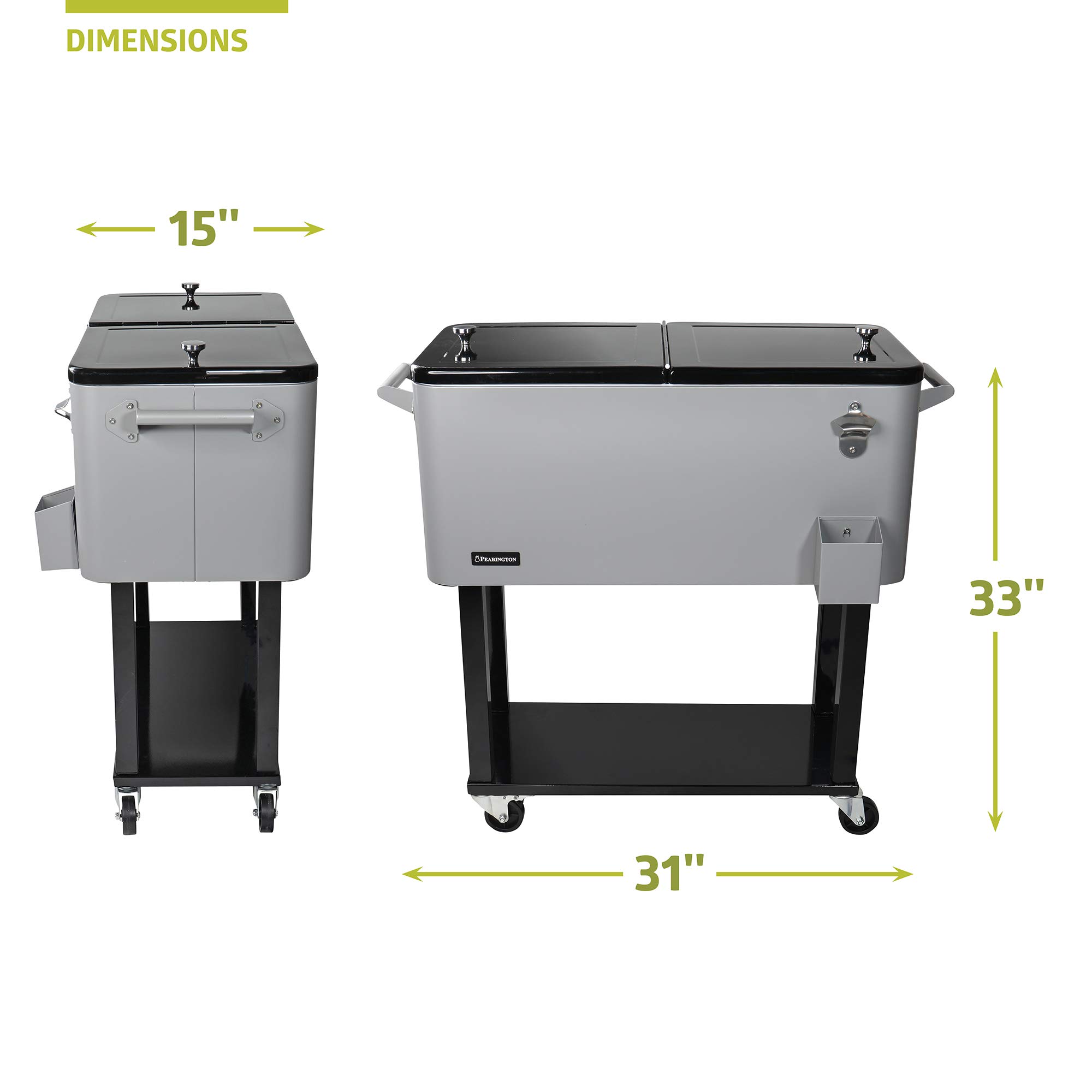 Pearington 80 Quart Rolling Cooler with Wheels - Portable Outdoor Party Cooler Cart with Shelf, Built-in Bottle Opener - Perfect for Camping, Beach Trips, Tailgating & Backyard BBQs (Grey)