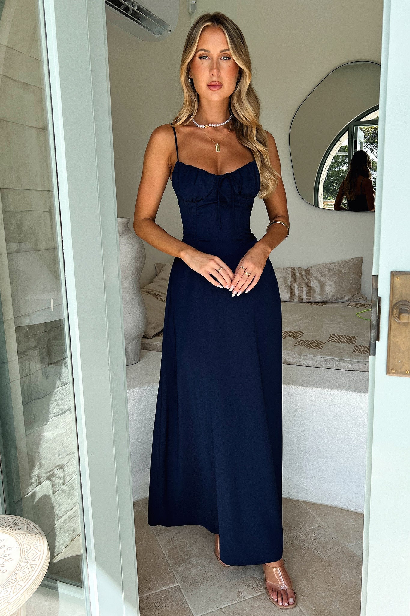 Magdalena Navy Blue Maxi Dress for Women - Elegant Long Flowy Summer Dress for Beach, Vacation & Casual Wear