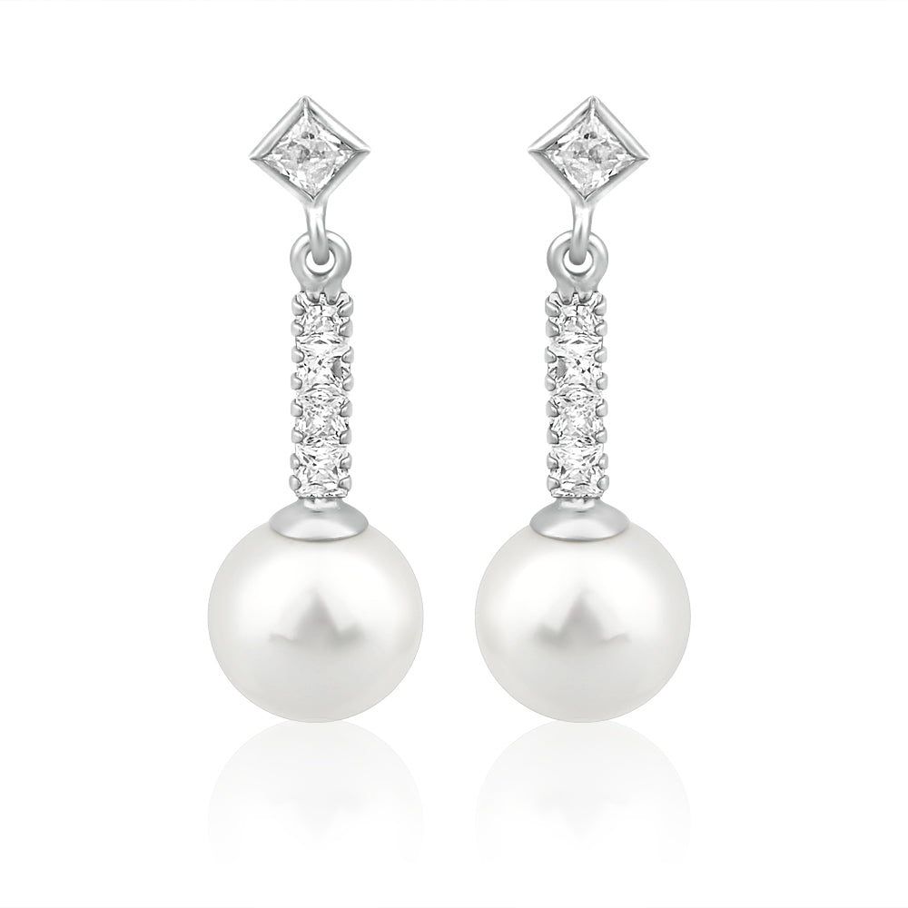 9ct White Gold Cubic Zirconia & Pearl Drop Earrings for Women - Elegant Dangle Earrings for Wedding, Party & Special Occasions