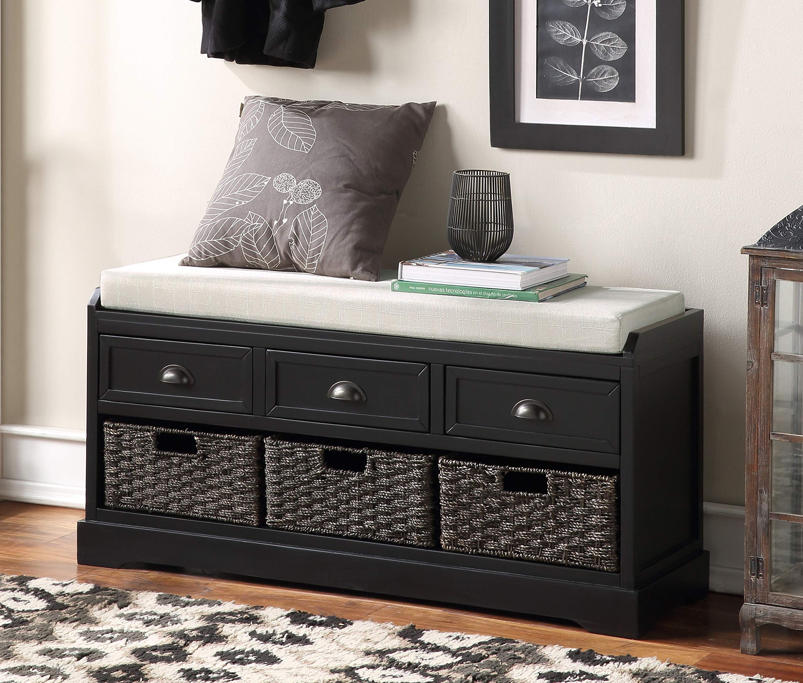 Wooden Storage Bench with 3 Drawers & Wicker Baskets, Entryway Shoe Bench with Removable Cushion - Perfect for Hallway, Living Room & Bedroom Organization