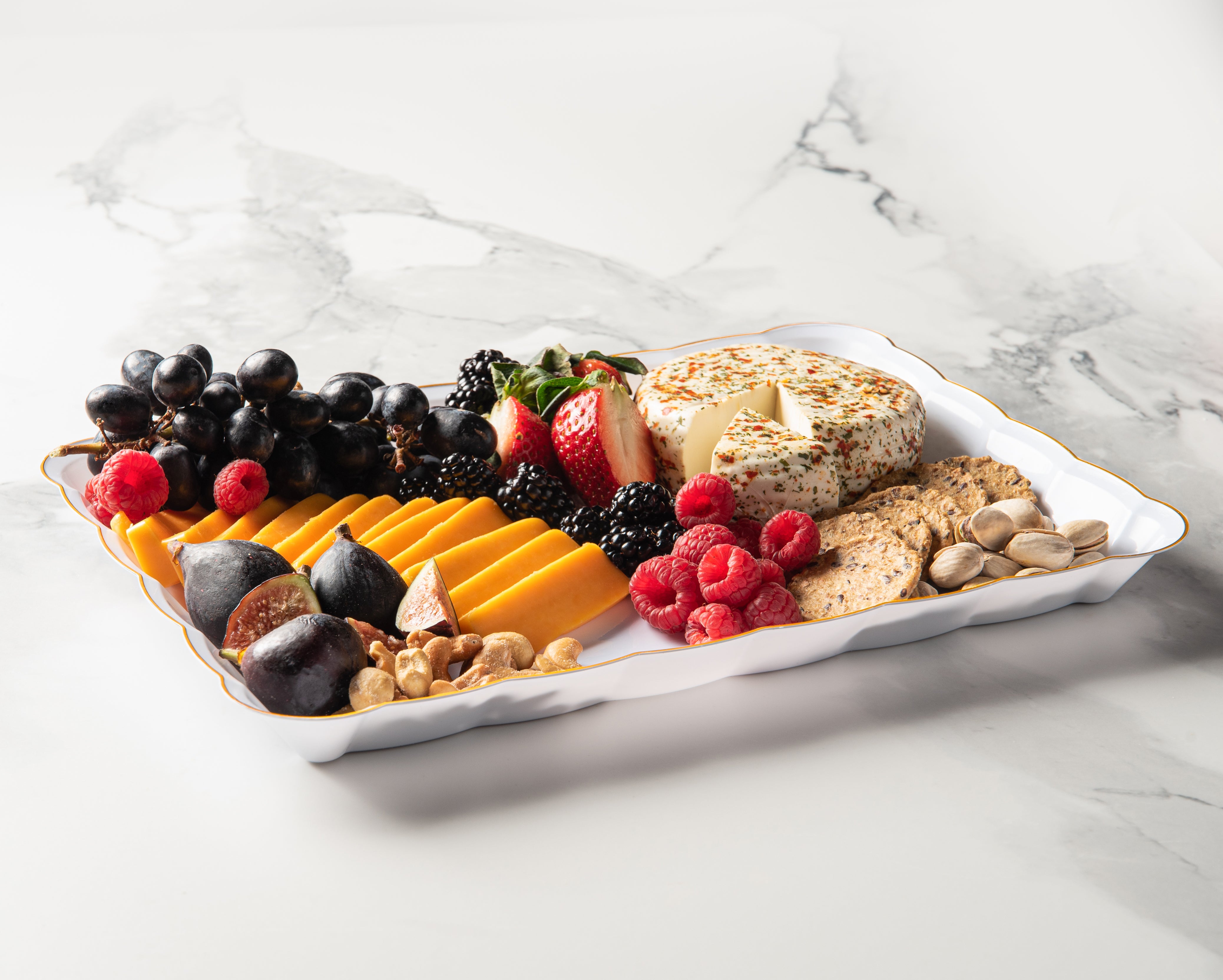 Scalloped White and Gold Rectangular Serving Tray Set of 4 - Elegant Party Platter for Weddings, Bridal Showers & Home Decor