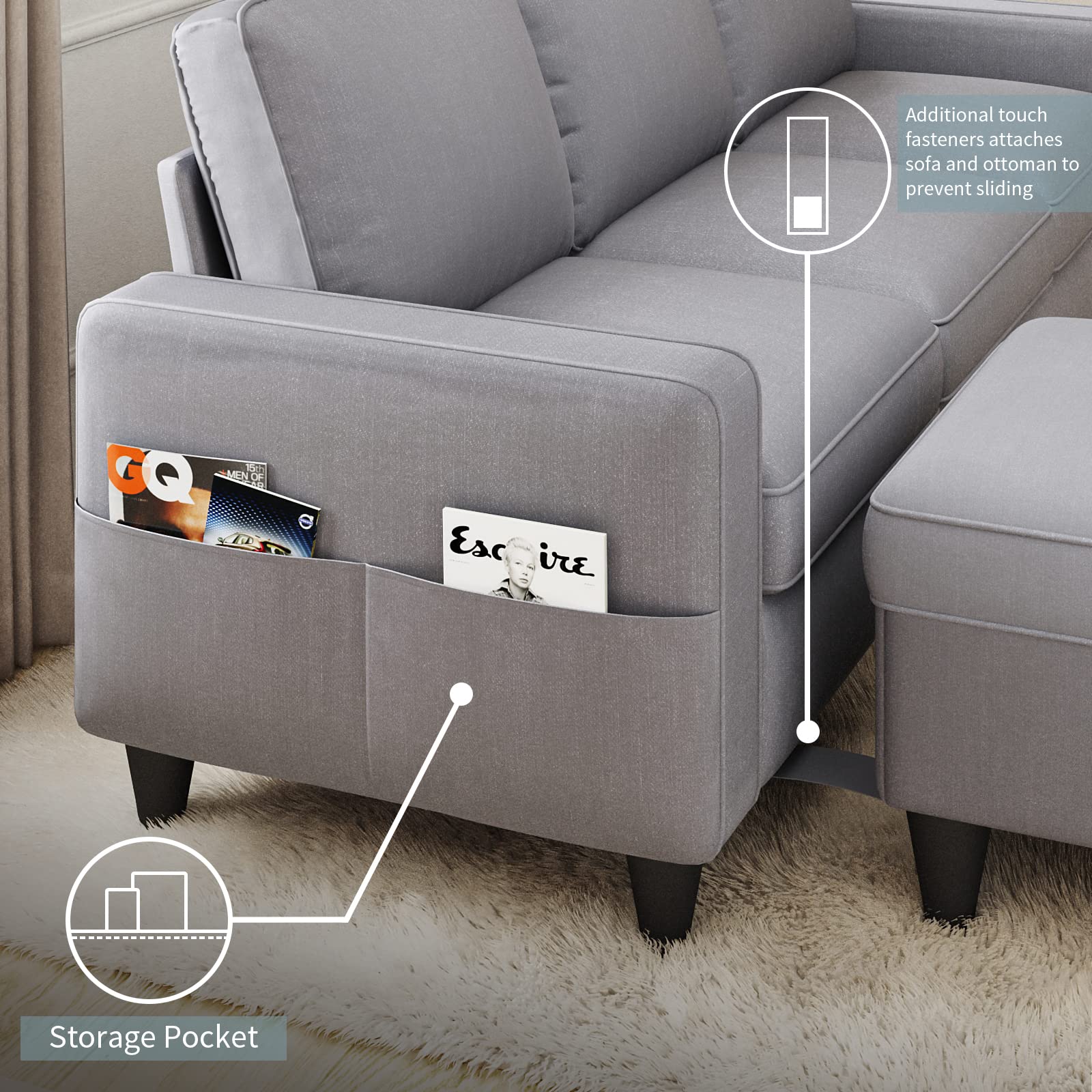 Convertible L-Shaped Sectional Sofa with Reversible Storage Ottoman - Light Gray 3-Seat Modular Couch for Small Spaces | Perfect for Living Rooms, Apartments & Home Offices | Cozy Seating Solution for Movie Nights & Family Gatherings