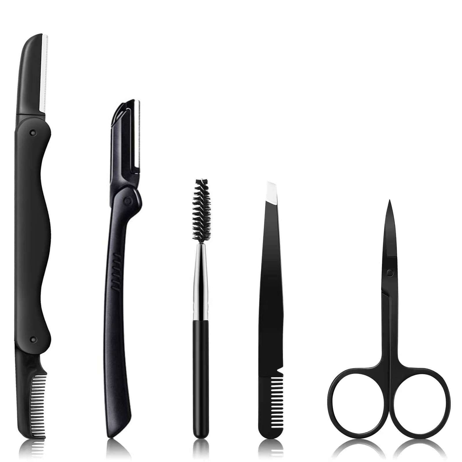 KAJUDA 5-in-1 Eyebrow Grooming Kit - Eyebrow Razor, Trimmer, Comb, Tweezers & Scissors Set for Women & Men - Perfect for Eyebrow Shaping, Eyelash Extensions & Facial Hair Removal at Home or Salon