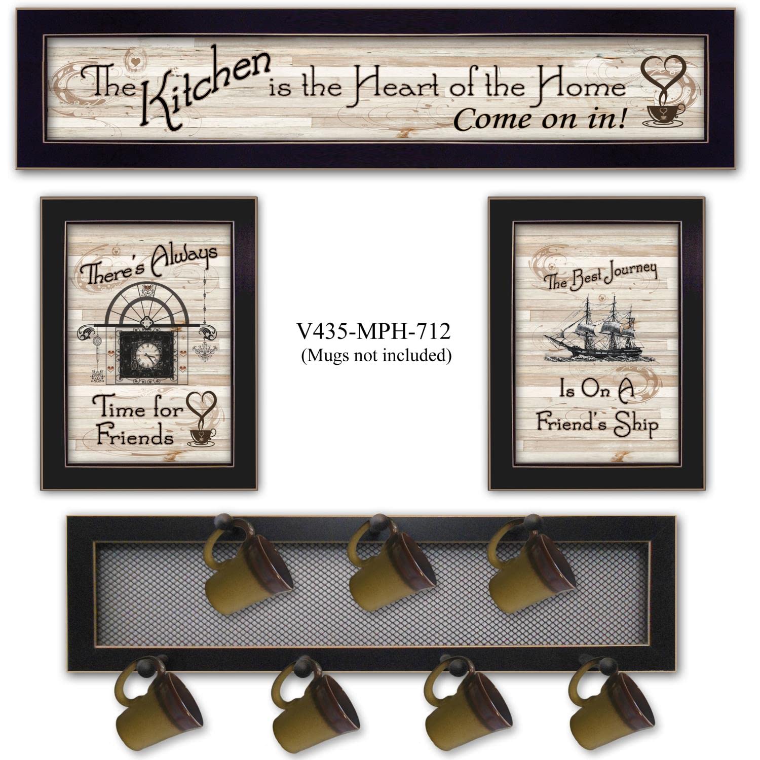 4-Piece Black Wall Mount Mug Rack Set with 7 Pegs - Kitchen Coffee Cup Organizer by Millwork Engineering - Perfect for Small Spaces, Coffee Shops & Home Decor