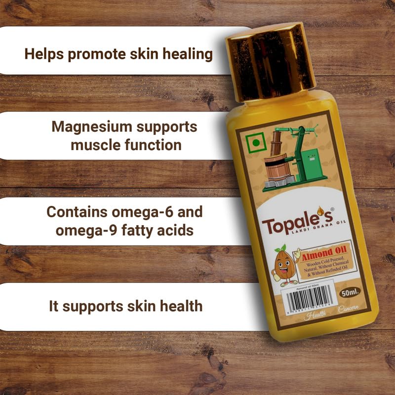 Topale's 100% Pure Cold Pressed Almond Oil 50ml - Vitamin E Rich Badam Oil for Face, Hair Growth & Baby Massage | Nourishes Skin & Strengthens Hair | Perfect for Daily Skincare, Hair Care & Infant Massage Routines