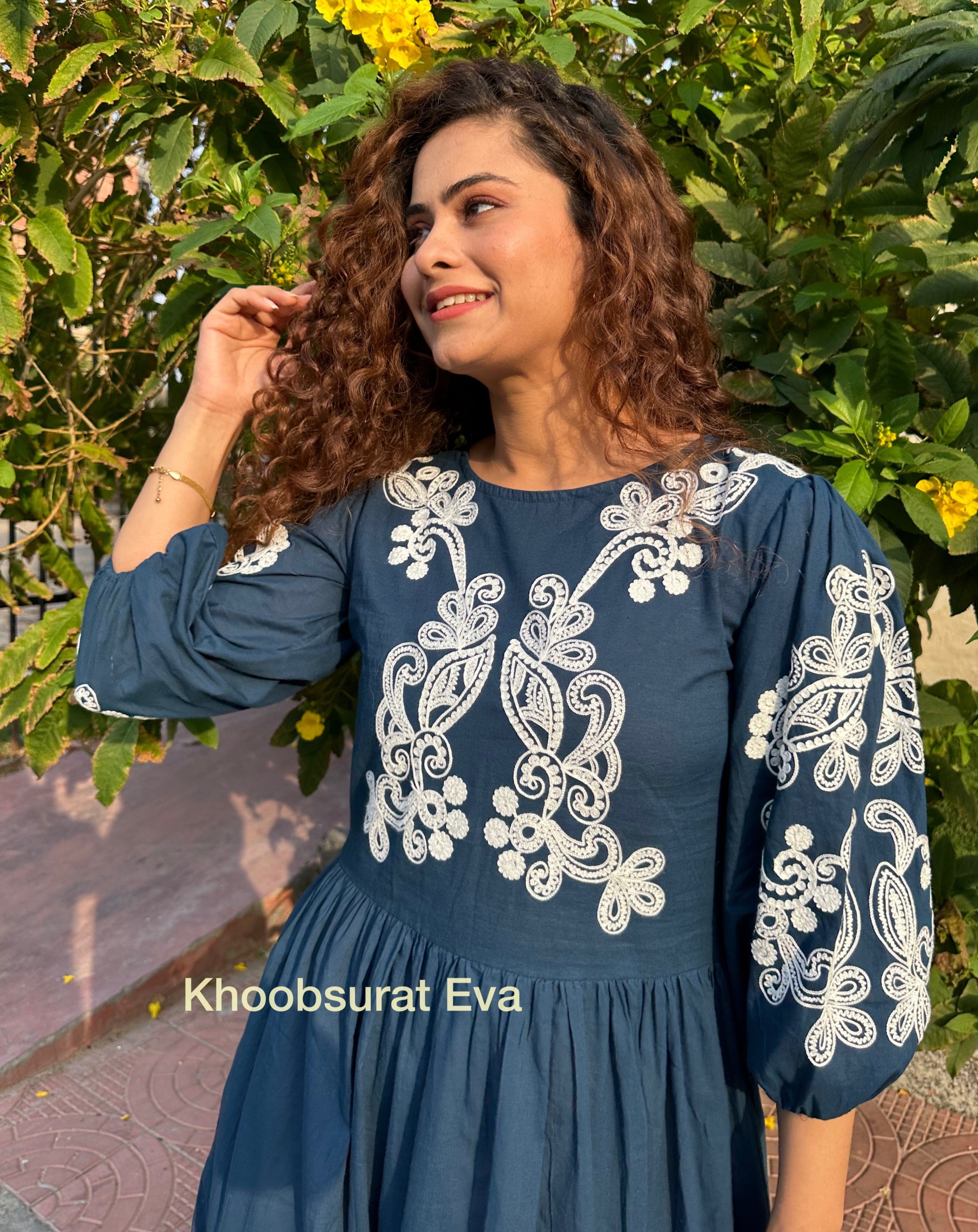 Women's Cotton Bloom Blue Maxi Dress - Flowy Summer Beach Dress for Vacation, Party & Casual Wear