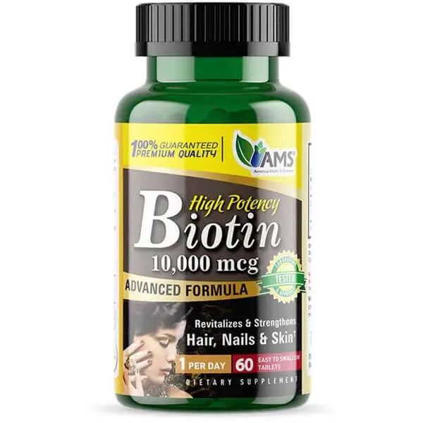 AMS Biotin 10,000mcg Hair Skin & Nails Supplement Tablets - Promotes Healthy Hair Growth & Strong Nails for Women & Men