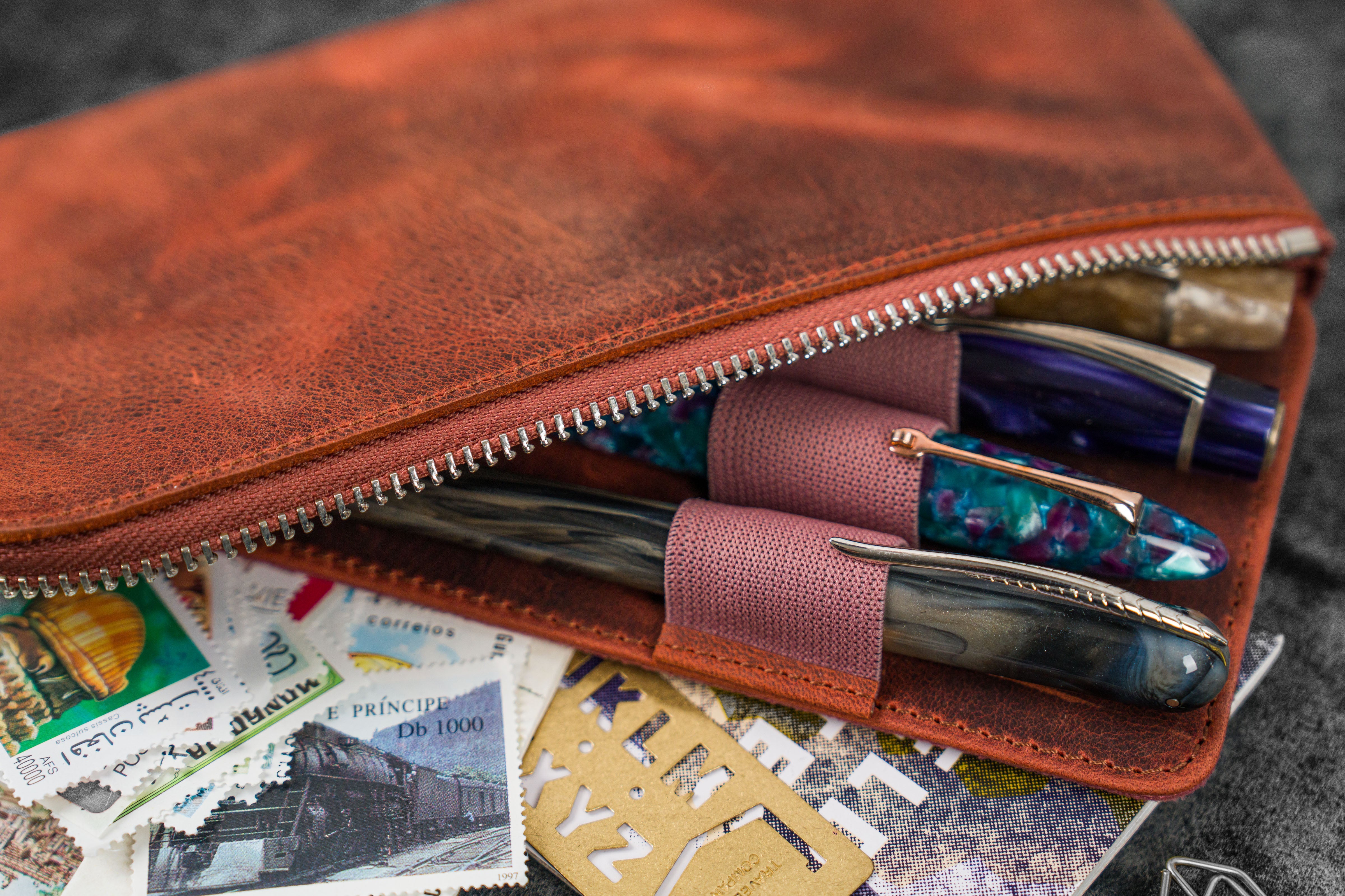Premium Leather Pen Pouch with 4 Slots & Secure Zipper - C.H. Orange - Perfect for Office, School, Travel & Organizing Writing Essentials