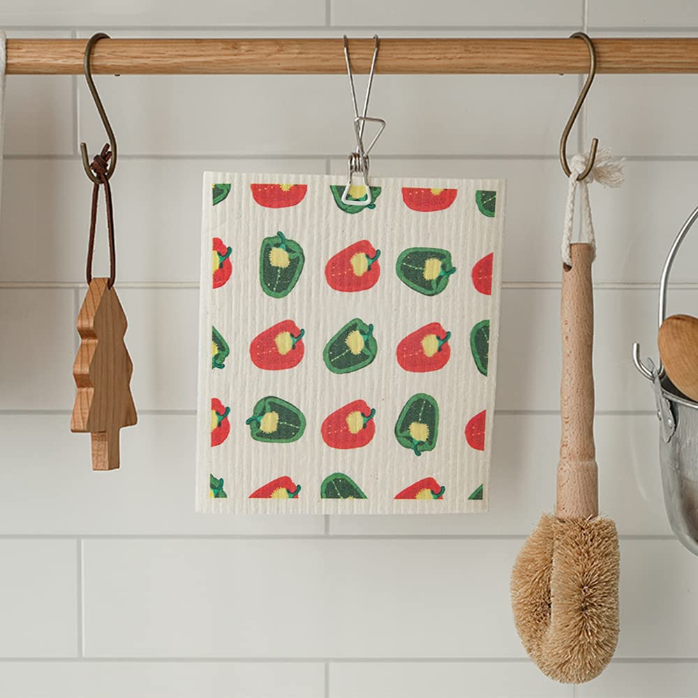 Reusable Swedish Dishcloths - 6 Pack Kitchen Sponge Cloths for Dishes & Cleaning (Vegetable Print) - Eco-Friendly Home Essentials