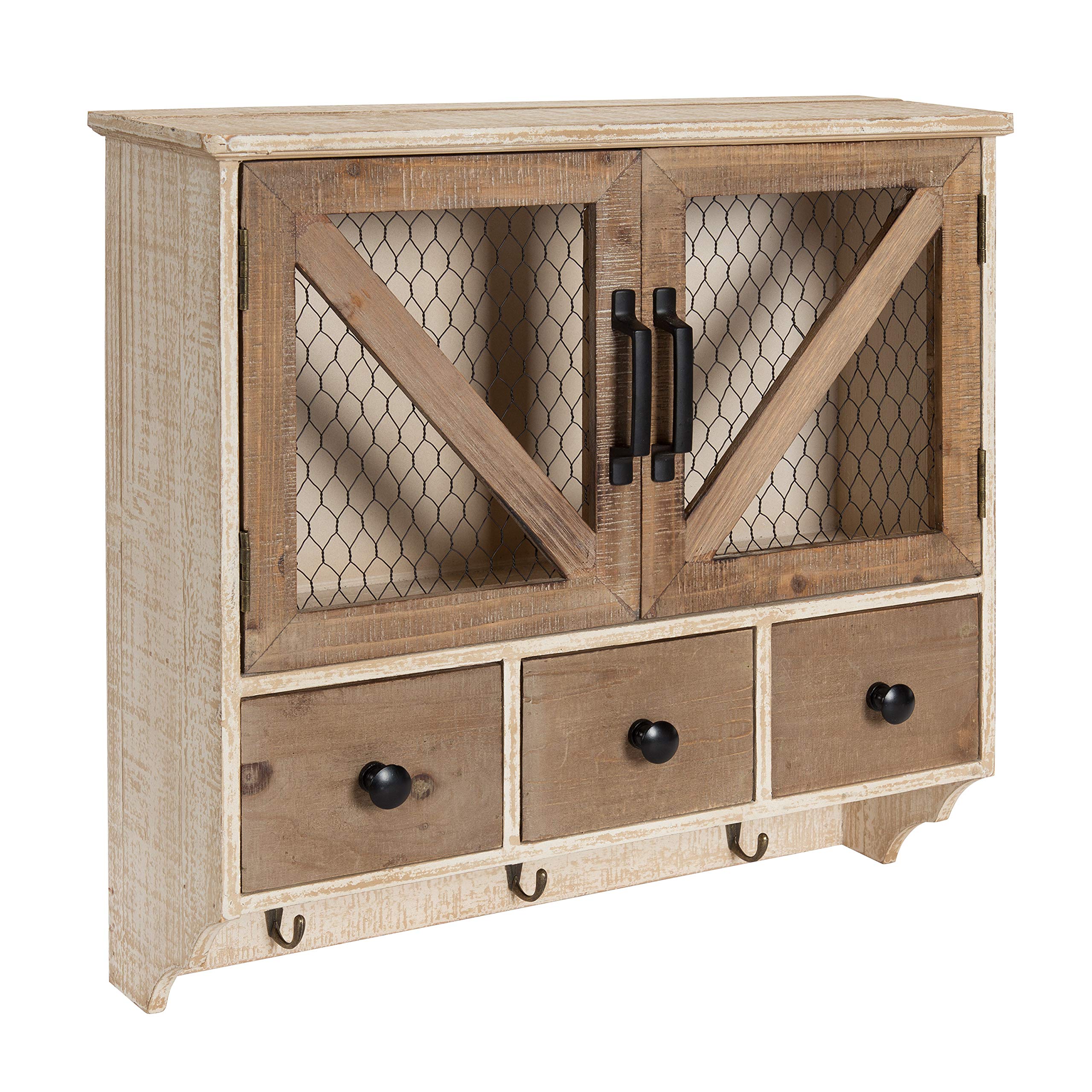 Rustic Farmhouse Wall Cabinet with 3 Drawers & Chicken Wire Doors - 21x6x20 Inch Wooden Storage Organizer in Brown & White | Perfect for Kitchen, Bathroom, Entryway & Home Decor